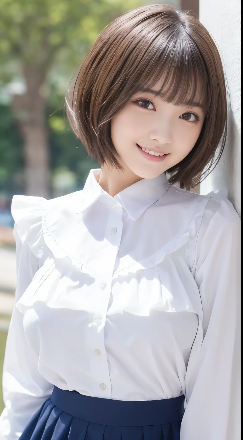  .................,, In front of school、   skirt、white long-sleeved shirt with ruffles on the chest、格子柄 skirt、On, , sakimichan,, So cute and cute ,   , nice smile, sakimichan hdri、Lori、 boobs、Beautiful breasts 、,(Big Breasts:1.20),(:1)、 brown hair、 brown hairの髪、、 shorthair、Cute pose、 closes her mouth