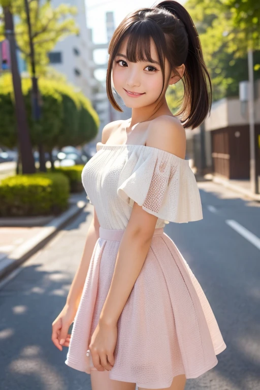 idol, One girl, Japanese, Middle school students, Elementary school student, prety, Sparkling eyes, No body hair, Thin legs, Attention to detail, Highest quality, High resolution, bobbed hair, short bob, ponytail, Middle school students, Elementary school student, 10years old, 9years old, 8years old, upper body, close up of face, smile, see through, upskirt, panties, mini skirt, off shoulder dress, Anatomically correct, Textured skin, high quality, high quality, high details, best quality, highres, super detail, accurate, high details, best quality, highres, super detail, accurate, high quality