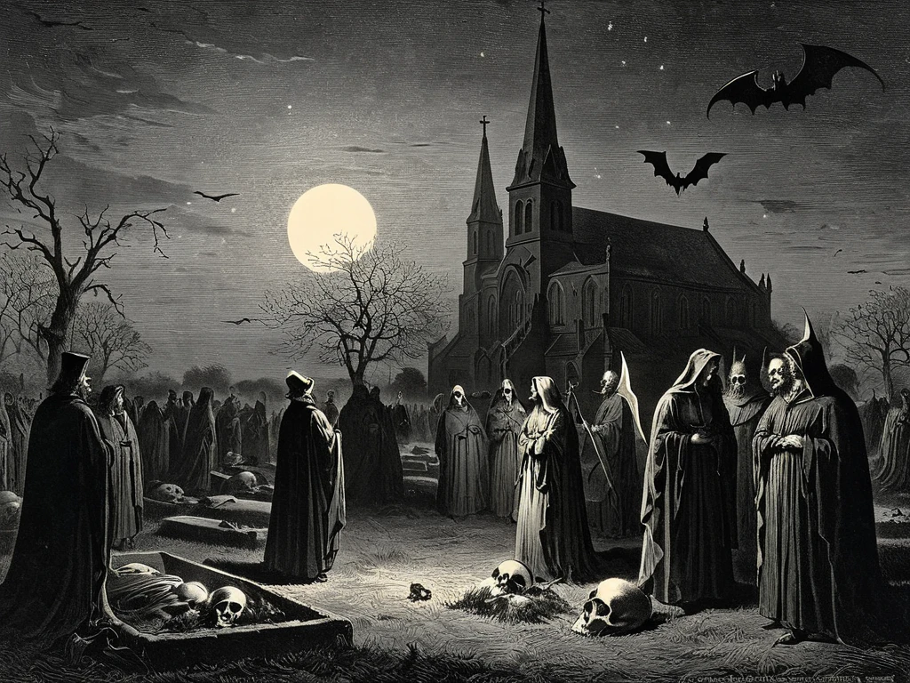   arafed drawing of a 19th-century group gathering at a graveyard on a pitch-dark night,  skulls with bat wings in the sky emitting light 、Surprised person々、The background is a church、Lithograph, gustave dore Lithography,   spooky spiritual grainy  , Lithograph engraving, concert, Sculpture, Sculpture,  19th century woodcut , Church Scenery, Prints by Gustave Doré,  inspired by Johann Casper Fusli ,  by Julius Exner 