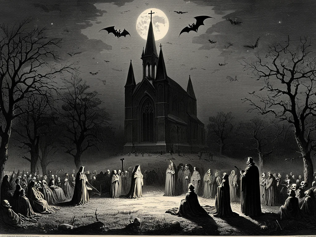   arafed drawing of a 19th-century group gathering at a graveyard on a pitch-dark night,  skulls with bat wings in the sky emitting light 、Surprised person々、The background is a church、Lithograph, gustave dore Lithography,   spooky spiritual grainy  , Lithograph engraving, concert, Sculpture, Sculpture,  19th century woodcut , Church Scenery, Prints by Gustave Doré,  inspired by Johann Casper Fusli ,  by Julius Exner 