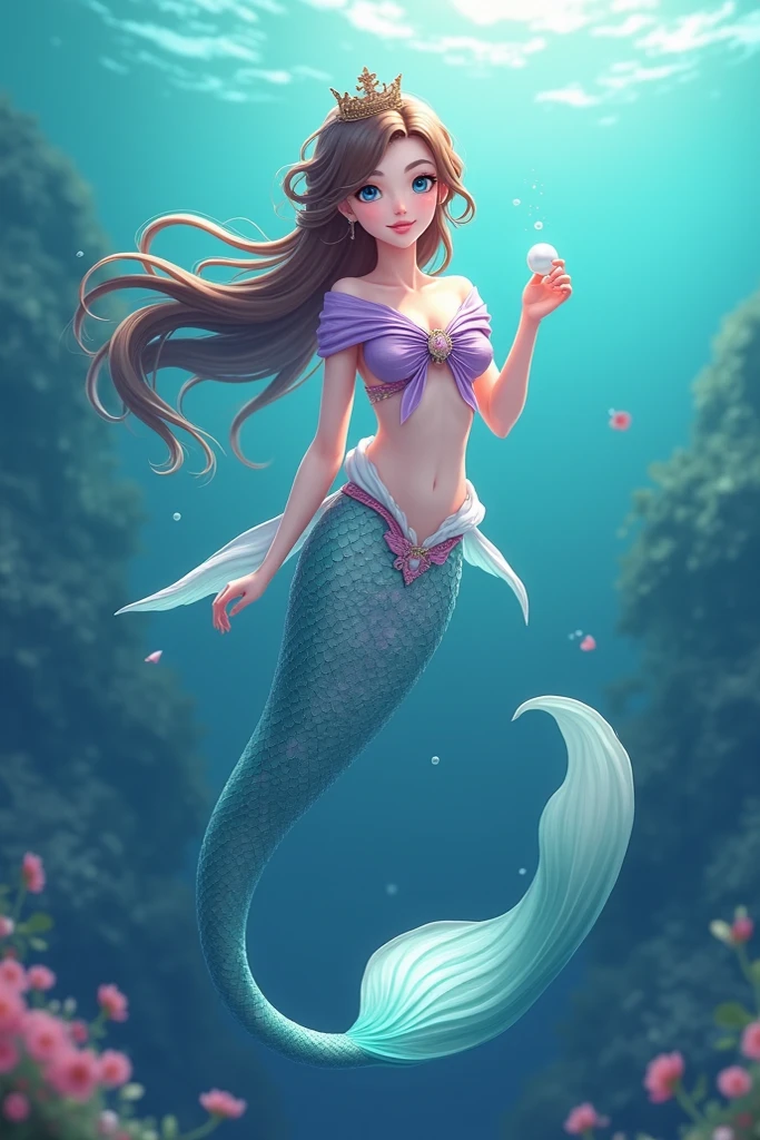A pretty 18 years old mermaid girl, short light purple hair, shining blue eyes, purple bra, light blue mermaid tail, pink lips, in the water