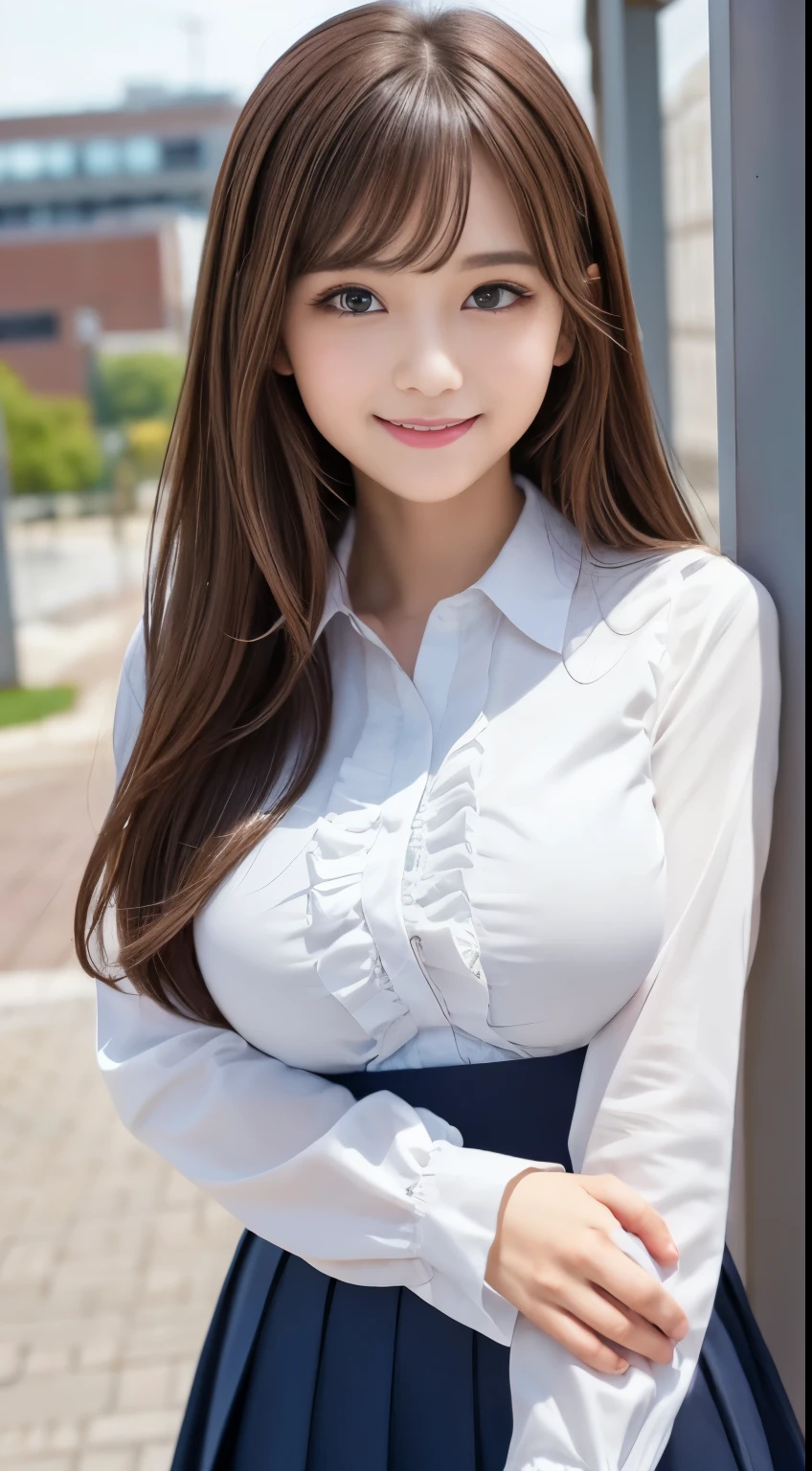  .................,, In front of school、   skirt 、long-sleeved shirt with ruffles on the chest、格子柄 skirt、On, , sakimichan,, So cute and cute ,   , nice smile, sakimichan hdri、Lori、 boobs、Beautiful breasts 、,(Big Breasts:1.20),(:1)、 brown hair、 brown hairの髪、 blue eyes、 shorthair、Cute pose、 closes her mouth