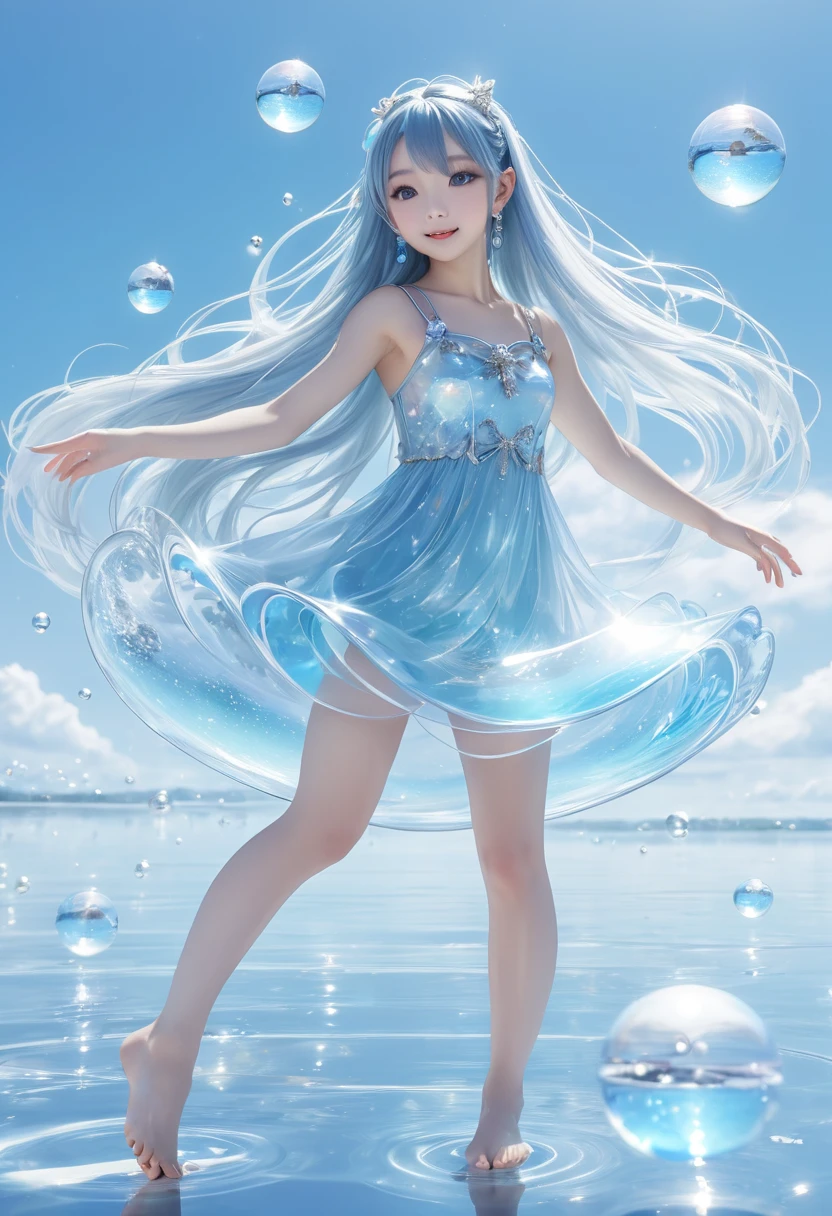   fantasy surrealism、Lake Surface Shines 、 1. Cute_ girl、pupil_super special idol 、Round chin、Kind expression♪、 Laminated Mini Dress _Ice Blue、(  dynamic_ dance_ motion)+++、   super long straight hair with detailed grey background_Ice Blue、rim_Prism Reflects 、 スrim_body、morning、blue sky、 horizon  、angle、 Glass Balls Floating Over Water _ small and cute 、 high definition 、  dreamy atmosphere 