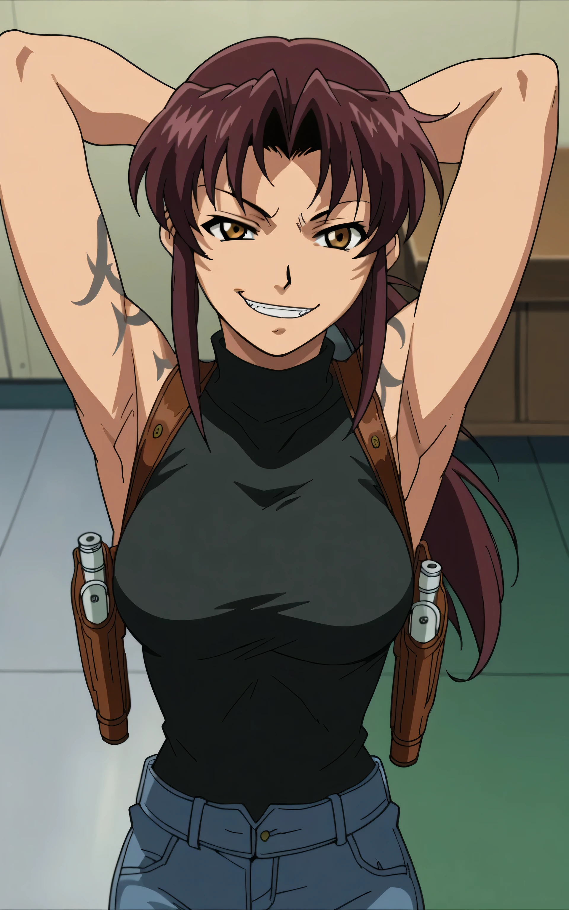 score_9, score_8_up, score_7_up, source_anime, anime screencap, 1girl, solo, Revy, black sweater, sleeveless sweater, turtleneck, bare shoulders, bare arms, arms behind head, armpits, from above, looking at viewer, head towards viewer, evil smile, badhandv4, indoors, weapon holsters, jeans, armpit stubble