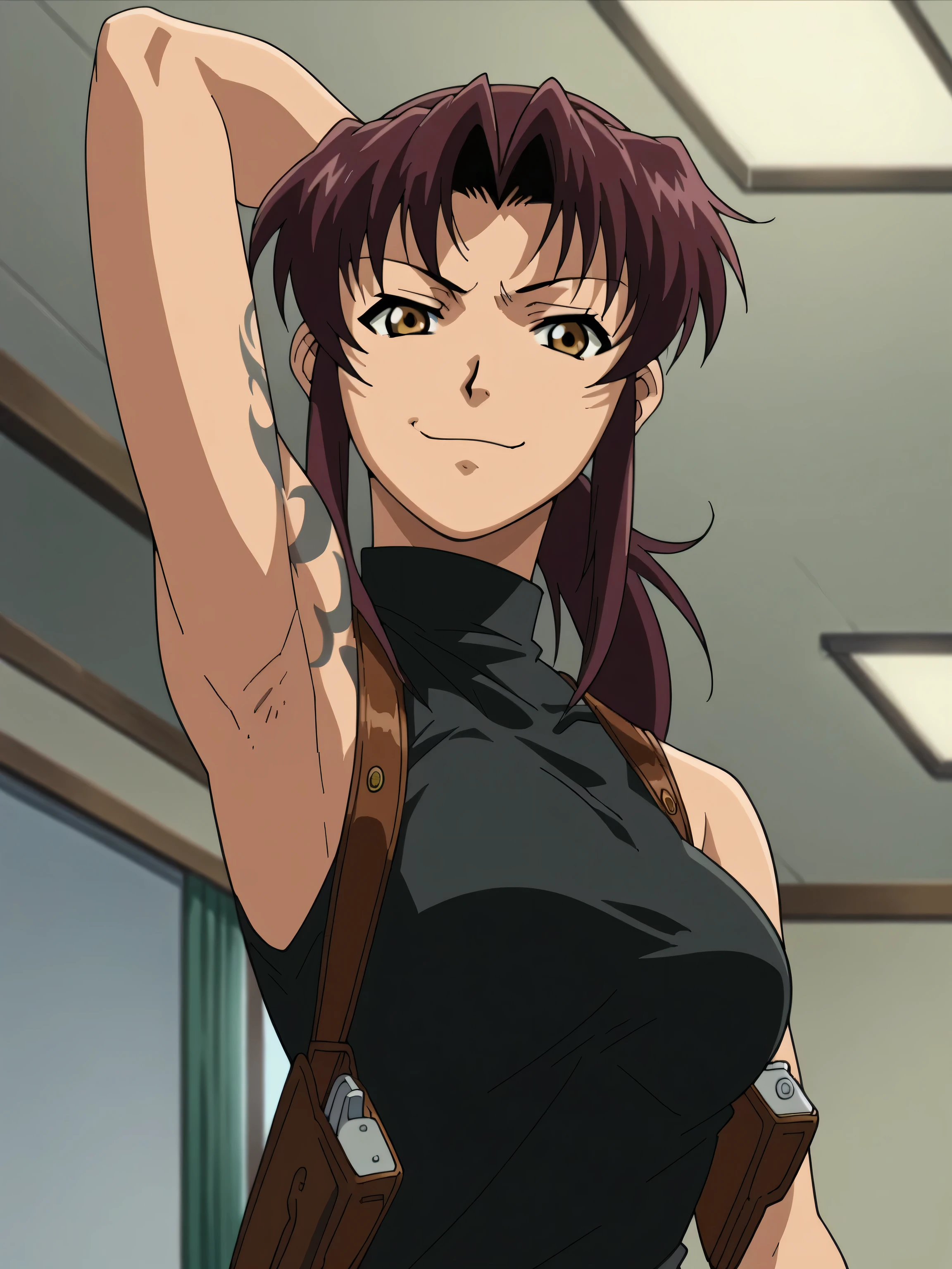 score_9, score_8_up, score_7_up, source_anime, anime screencap, 1girl, solo, Revy, black sweater, sleeveless sweater, turtleneck, bare shoulders, bare arms, arm behind head, armpits, looking at viewer, head towards viewer, evil smile, badhandv4, indoors, weapon holsters, (armpit stubble:0.9), from side, from below, closed mouth 