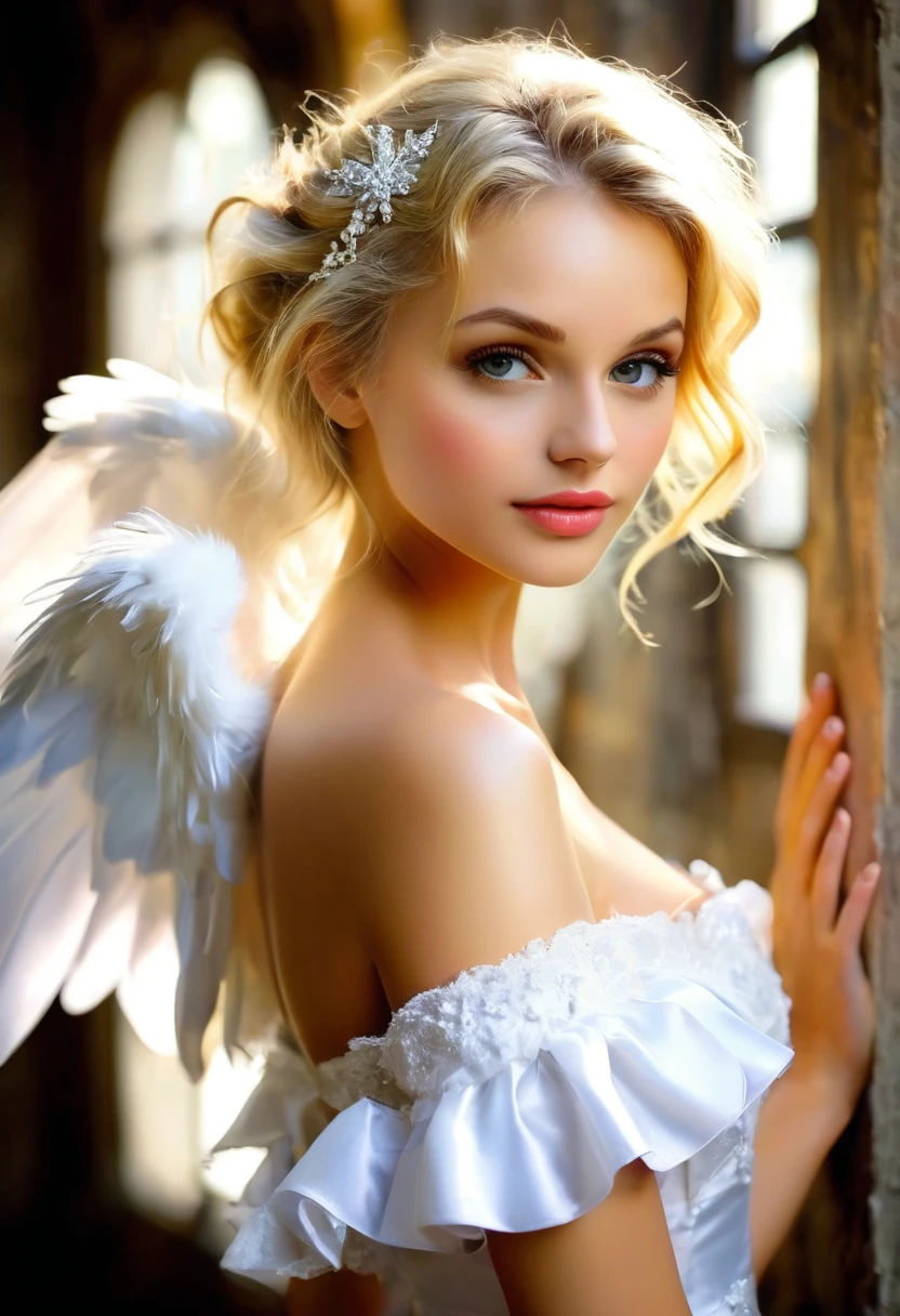 obraz biblijny Sexy and beautiful france short blond hairwoman with half of her body as an angel and the other remaining half as let&#39;s kiss,majestat boskośc lazurowe niebo, patrzy w dół