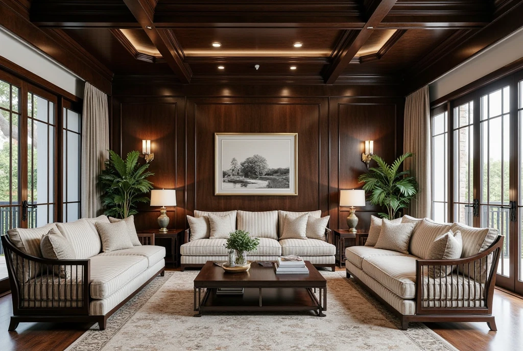 This image is a 3D architectural rendering of a living room interior, designed with a blend of traditional East Asian and colonial influences.  The space is characterized by dark wood, patterned fabrics, and a high ceiling. Here's a breakdown:

* **East Asian Influences:** Elements like the dark wood furniture, the decorative paneling on the walls, the ceiling fan, and the artwork suggest East Asian design traditions.  The overall layout and arrangement of furniture also contribute to this aesthetic.

* **Colonial Influences:** The striped upholstery on the furniture, the wall sconces, and the geometric patterned floor tiles hint at a colonial design influence, possibly reflecting French colonial aesthetics often seen in Southeast Asia.

* **High Ceiling and Exposed Beams:** The high ceiling and exposed dark wood beams create a sense of spaciousness and grandeur.  The ceiling structure is reminiscent of traditional East Asian architecture.

* **Dark Wood Paneling and Furniture:**  Dark wood is a dominant material, used for the wall paneling, the furniture frames, and the coffee table.  This creates a warm and rich atmosphere.

* **Striped and Patterned Fabrics:** Striped upholstery on the sofas and patterned cushions add visual interest and texture to the space.  The color palette is relatively muted, with shades of grey, white, and beige.

* **Decorative Accents:** Wall sconces, potted plants, decorative objects on the coffee table, and a framed artwork contribute to the overall styling of the room.  A side table with a vase and lamp is visible on the left.

* **Large Windows and Doors:** Large windows and doors, featuring a geometric pattern, allow natural light to enter the space and provide views to the exterior.  These architectural elements also contribute to the colonial aesthetic.

* **"COMPA Academy" Logo:** The small "COMPA Academy" logo in the top left corner suggests the rendering may be a student project or created using COMPA software.


This rendering