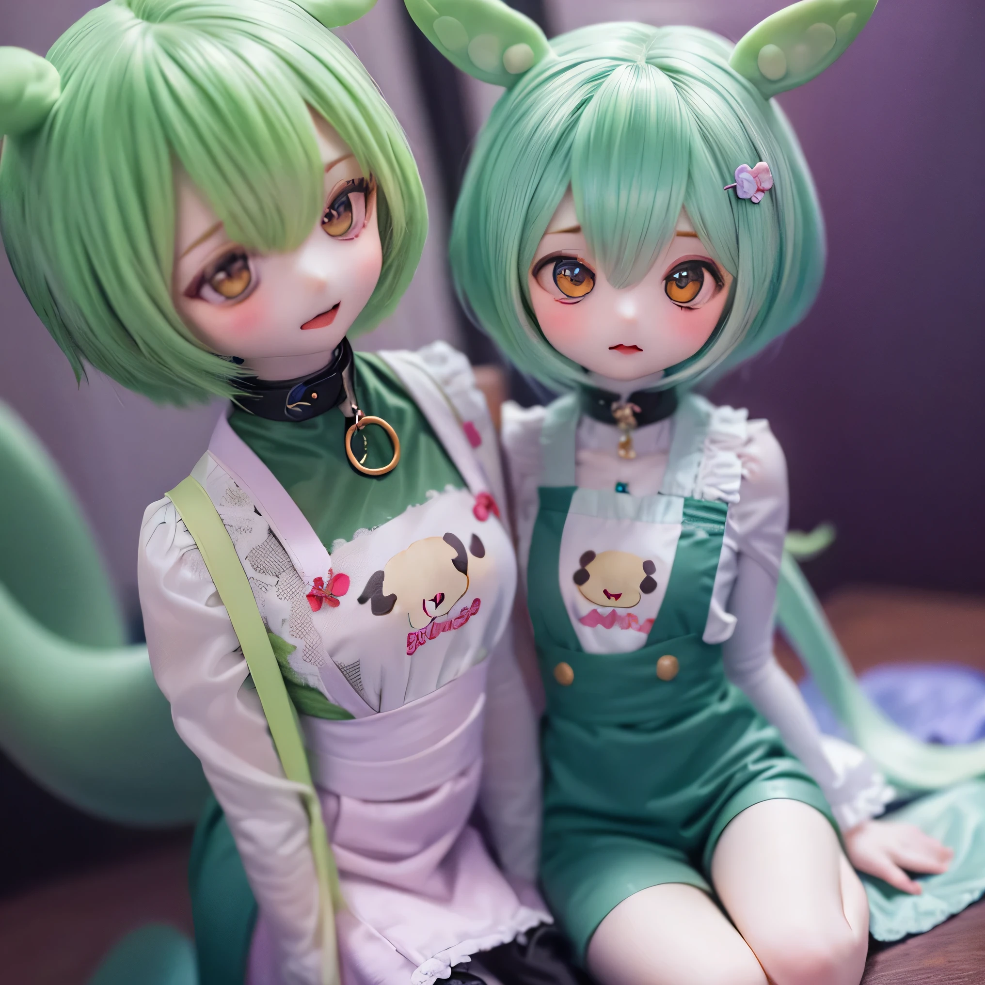 cute green-haired zundamon in playful pose, ((((chibi)))), (((((mother and daughter))))), detailed character design, intricate details, hyper-realistic, photorealistic, 8k, masterpiece, highly detailed, vivid colors, soft lighting, natural lighting, warm color palette, whimsical, magical, fantasy, cute, adorable, endearing, heartwarming