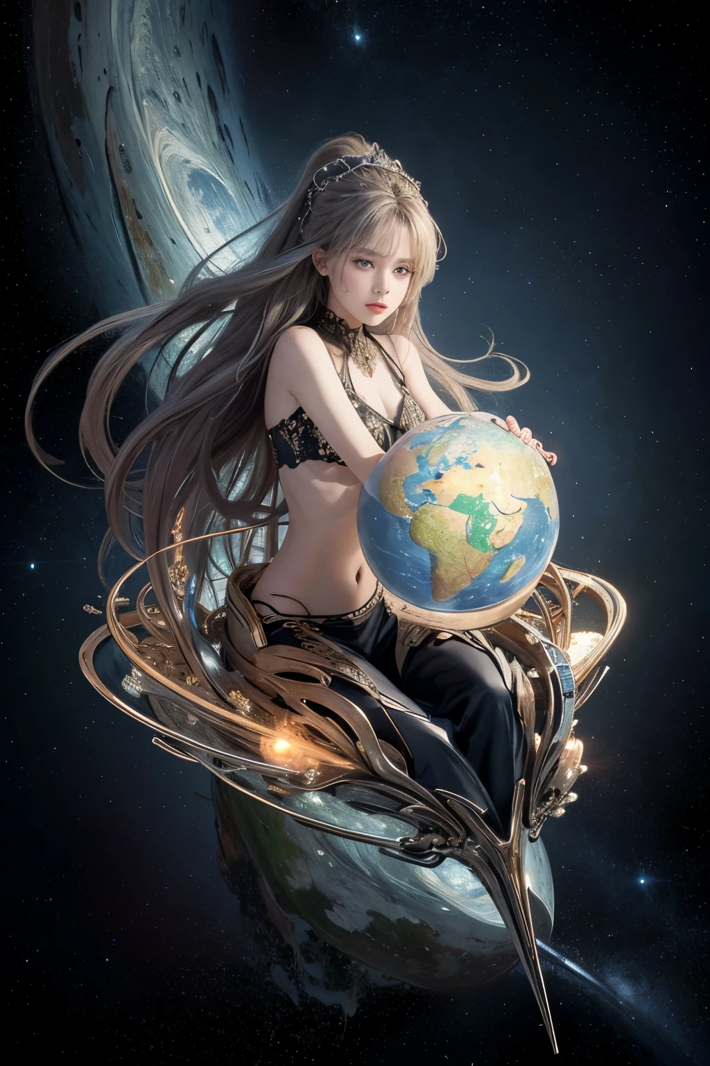 realistic, (masterpiece, top quality, Best quality, official art, Beautiful and aesthetically pleasing: 1.2), Very detailed, fractal art, Colorful, The most detailed, (Abstract background: 1.5) (1 girl with aesthetic small breasts: 1.3), disheveled shaggy slightly wavy dark brown hair, Bright brown eyes, glasses with lenses, serious, medium length hair, , Milky Way, huge magical bronze and silver Earth globe for Virgo, dream,fantasy, bronze and silver circular trim,beautiful detailed sky,Style and Decoration for Virgo, goddess with the globe in her hands,(NFV:0.8) Delicate reflective and high glass railing board