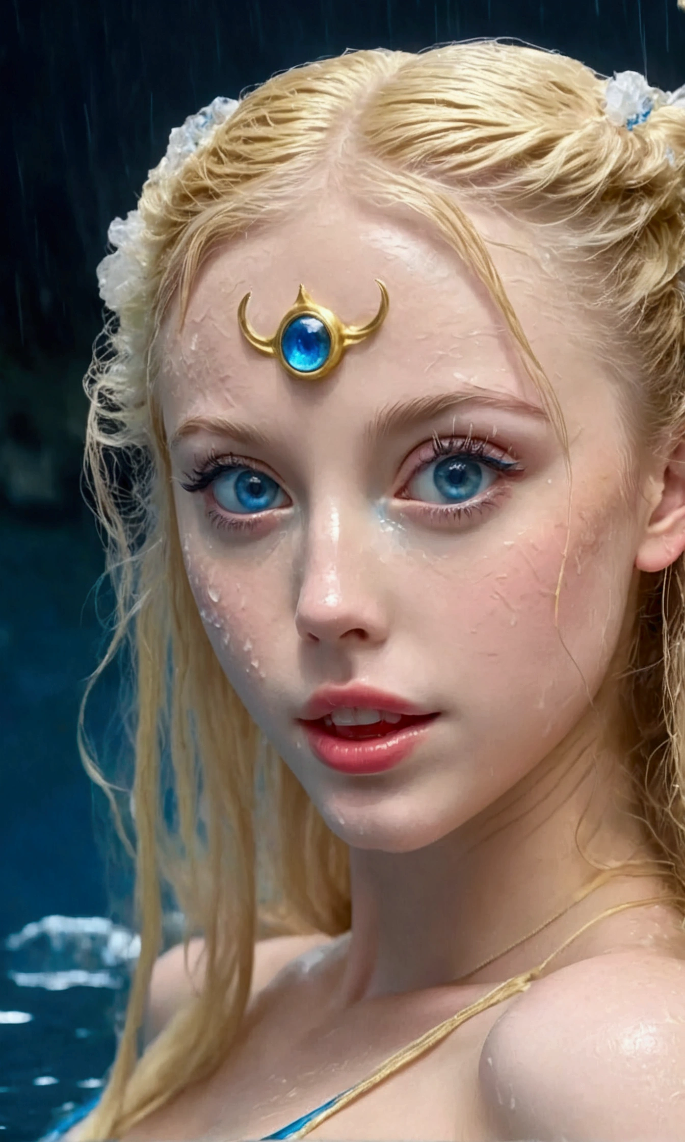 Sailor Moon (magical swim suit, cute, wet long blonde hair, huge blue eyes, wet) emerges from a tranquil lake on a moonlit night, she is reflected in the water (double check anatomy)
