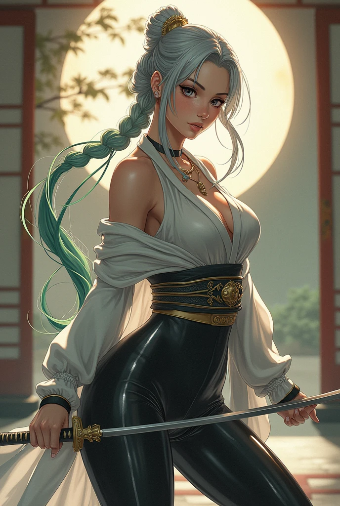 (masterpiece), best quality,1 girl, white hair, long hair, hair decorations, sensual face, white skin, tattooed body, posing, carrying a samurai sword, katana, Masterpiece, best quality, realistic, ultra high resolution, depth of field. (detailed background), (masterpiece: 1.2), (ultra detailed), (best quality), complex and complete cinematic photography, magical, (gradients), colorful and detailed landscape, visual key.,more detail XL