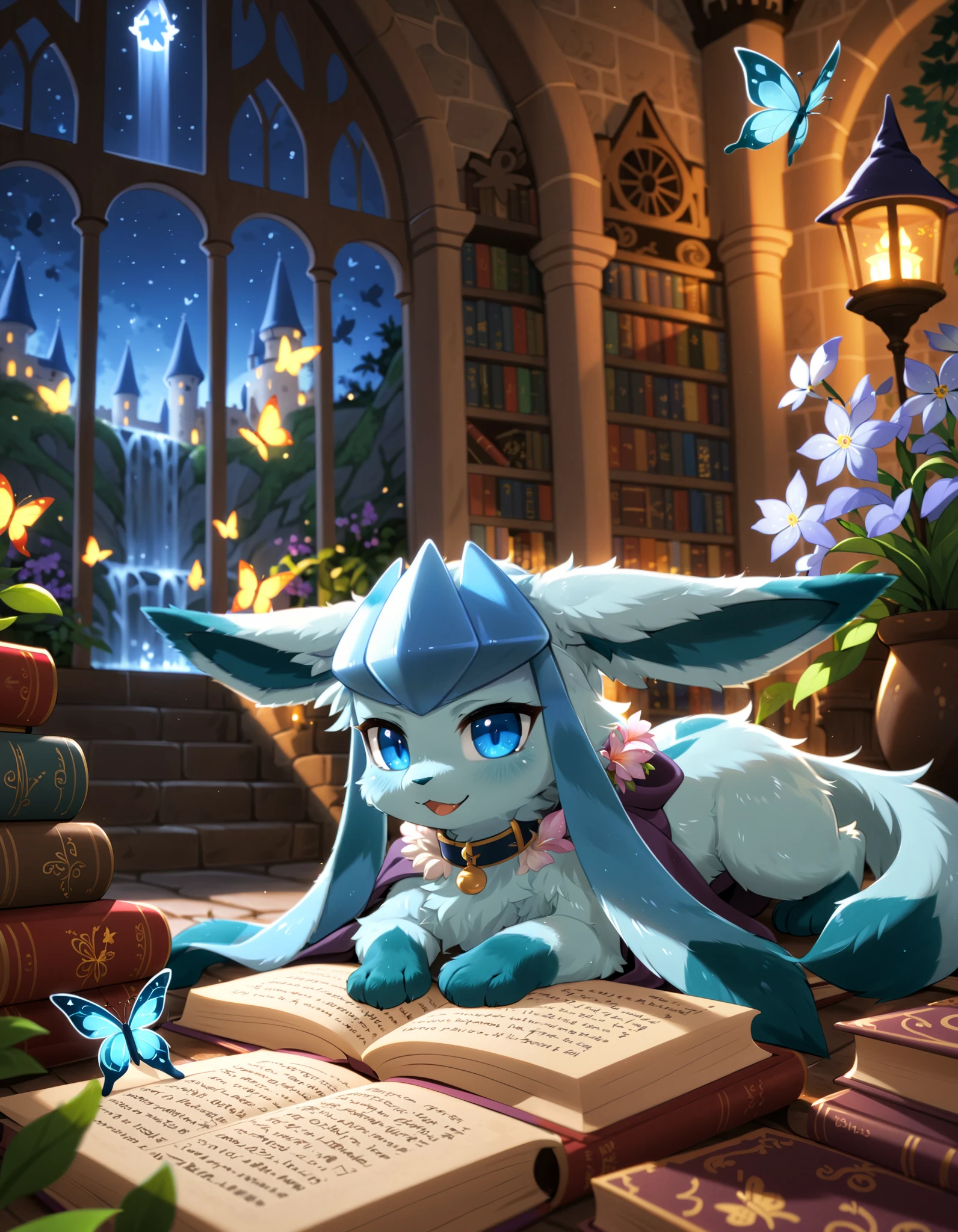 quadruped feral glaceon, excessive fluff, wizard hat, high collar cloak, lying on front, glowing eyes, BREAK, [by Cotora, by Aoizuri:realistic, photorealism:0.85], detailed background, detailed foreground, depth of field, ambient silhouette, backlighting, inside, night, ambient butterfly, flower, castle, book, plant, waterfall