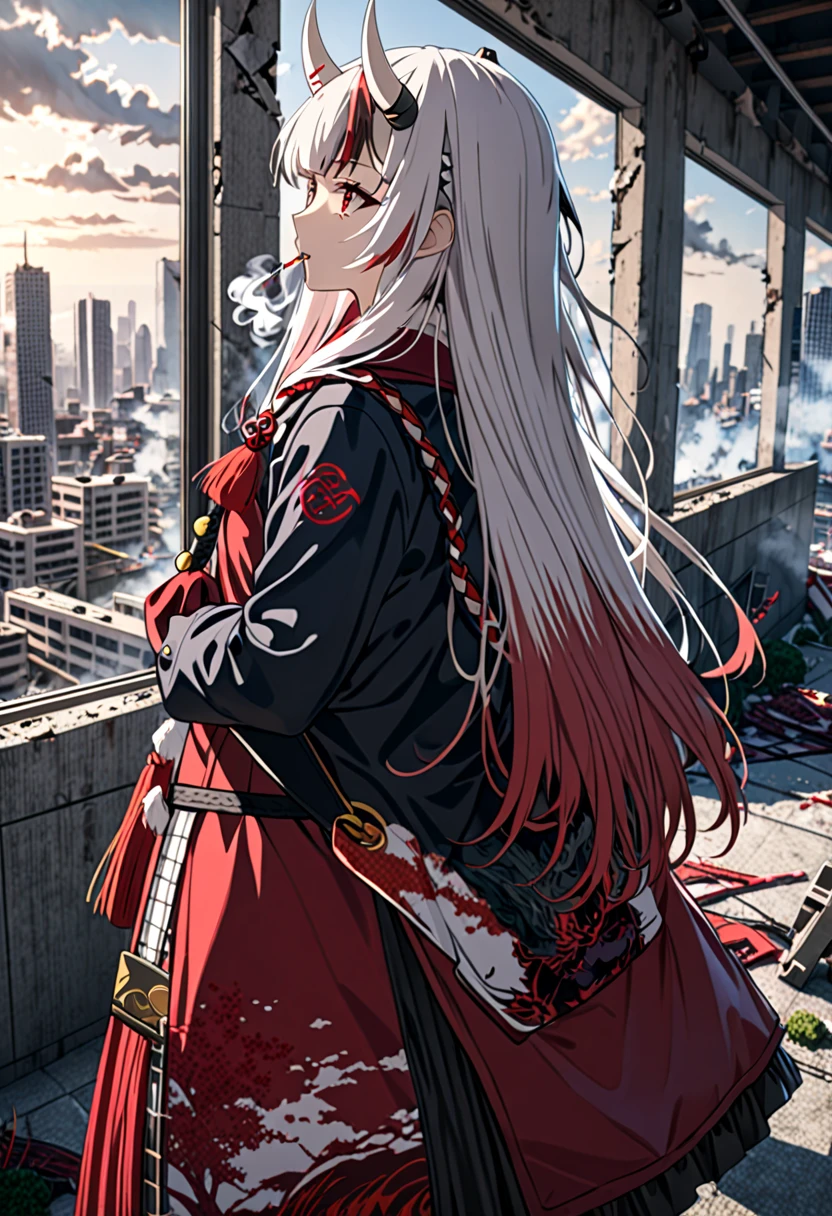 8K Ultra High-Quality, ultra-detailed, High quality, Nakiri ayame, white oni horns, long hair, side view, arms on the back, standing infront of window, modern bedroom, destroyed city background, smoking background