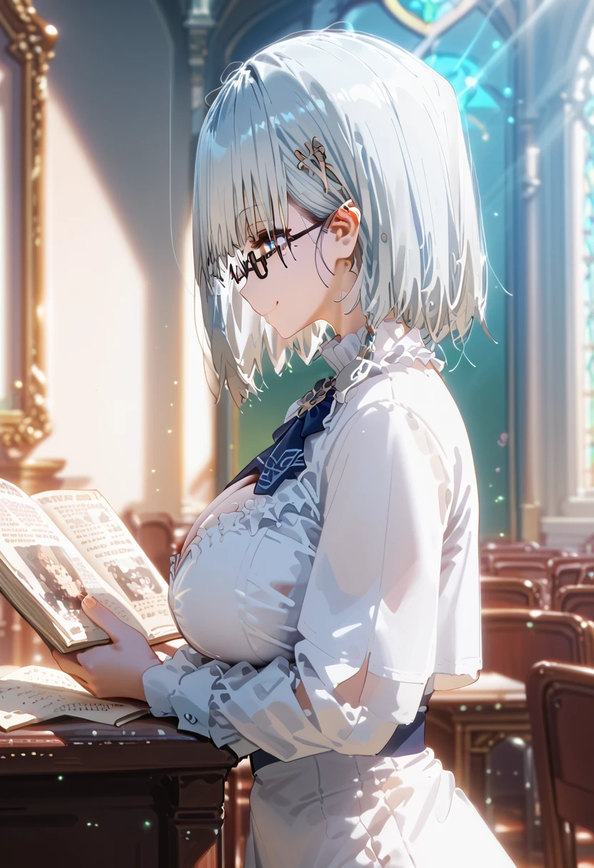  score_9,  score_8_up,  score_7_up,  score_6_up,  score_5_up,  score_4_up,  1 girl, beta,  shorthair,  white hair,  light blue eyes,  detailed eyes on board ,  huge breasts,,,, floox style, evaluation_Explicit, floox style,  high definition ,,,  expressive ,, perfect anatomy, masterpiece, Alone, Droopy eyes,  mole under her left eye , smile, (( from thigh up )), white high priestess(whole body), holylight, light rays, strong light coming in, deep shadows, church background,  Wearing Glasses ,  reading a book, profile
