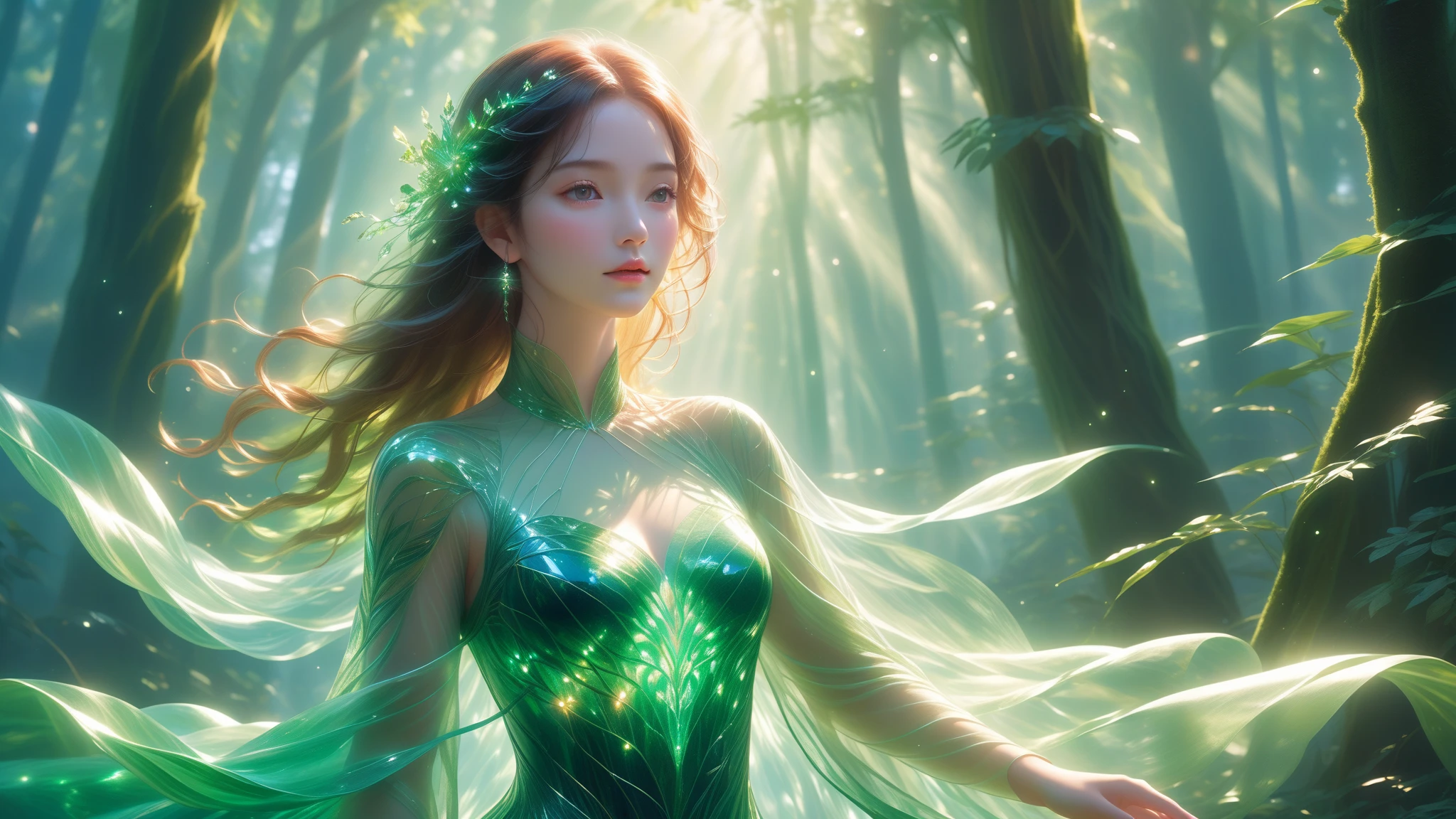 A Masterpiece In 32K Resolution, Supreme Quality, Super Detail, Official Art, Cinematic Lighting, Beautiful And Aesthetic, Ultra-Detailed Features, Very High-Resolution 32K Wallpaper. A Girl Standing Alone In A Vibrant Forest. Her Delicate, Sculpture-Like Figure Conveys Both Beauty And Fragility, With Tears Streaming Down Her Translucent Cheeks. The Lush Green Foliage Surrounds Her, Casting A Soft, Tranquil Glow On Her Ethereal Form. Her Glass Body Shimmers With Rich Emerald Tones, Each Curve And Line Intricately Detailed. The Glass In Her Eyes Captures The Sunlight Filtering Through The Leaves, Reflecting The Universe's Infinite Depth And Emotion. The Glowing Lines On Her Body Emit A Soft Fluorescence, While Luminous Light Particles Dance Around Her, Enhancing Her Translucent Beauty.