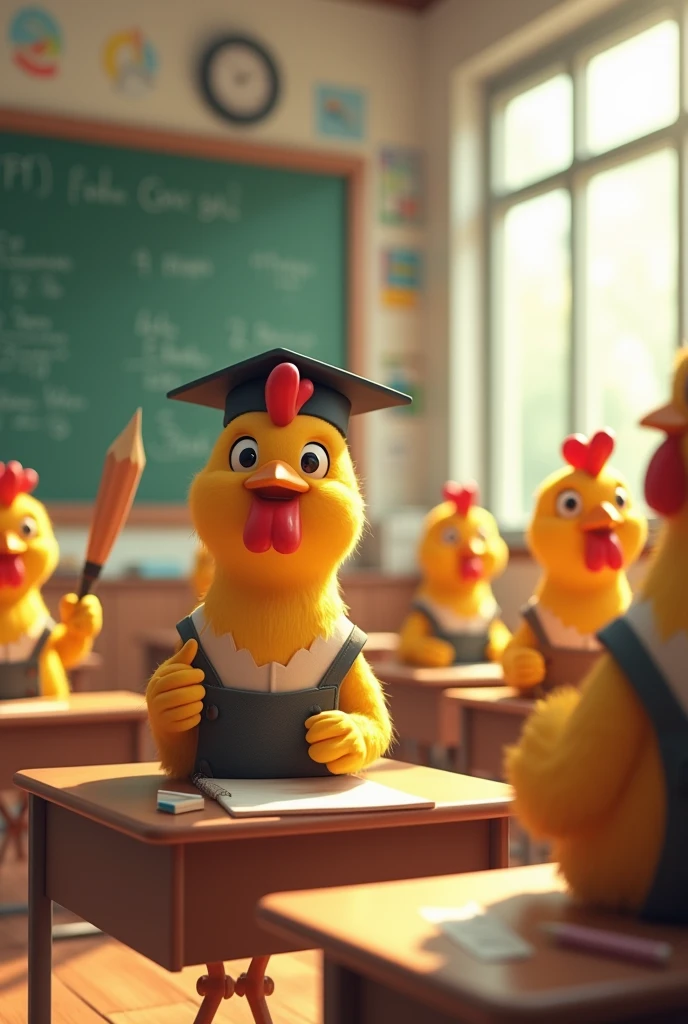 A teacher in a chicken costume in her classroom area