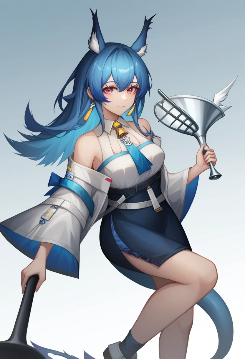 Fraction_9,Fraction_8_up,Fraction_7_up,1girl, Finn _\( Tomorrow's Ark\), 独自of, from_side, Gray blue_hair, Blue Gray_hair, 大of_breast,  high resolution, 仅有of_leg, 仅有of_Shoulders, black_coexist, closure_mgo outh, girl, trumpet, Tail, foot_go out_of_[frame, Gradient_background, invisible_chair, knee_up, Check_exist_Check者, Check_right_this_side, off_Shoulder, Open_coexist, ear, 蓝色of_Eye, 短of_skirt, 简单of_background, 白色of_background, 白色of_skirt