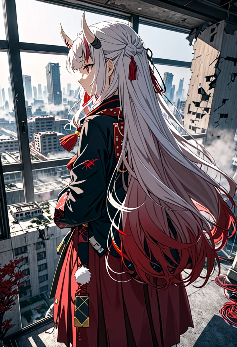 8K Ultra High-Quality, ultra-detailed, High quality, Nakiri ayame, white oni horns, long hair, side view, arms on the back, standing infront of window, modern bedroom, destroyed city background, fog background