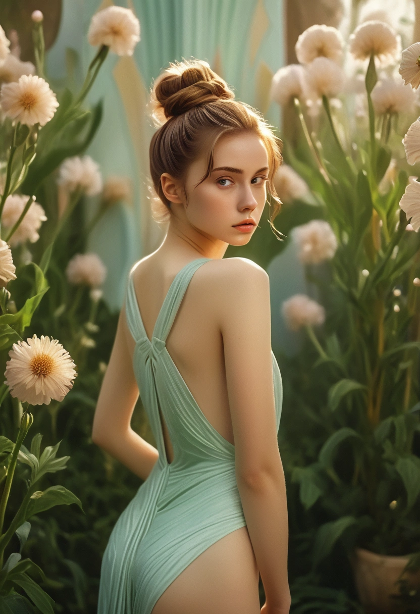 ( cinematic photography: 1.3), ( is really : 1.3), (comfortable: 1.3)  Beautiful girl , (difficult messy bun of light brown hair), Very detailed skin texture, skinny shoulders,  realistic skin texture,  looks right at the camera , (  looks at the viewer ),  puffy lips , pastel, shine, Dramatic,  Dreamy , pastel flower garden, thin, skinny, gentle,  high detail, difficult,  digital painting ,  fantasy theme , skinny,  bare belly,  fantasy concept art , fantastic characters , Beautiful girl-,  perfect body,  highly detailed full height shot,  Dreamy , pastel, watercolor, strange, gentle,  very detailed texture ,  realistic texture ,  digital painting ,  high detail photography (Art deco: 1.3), (: 1.3), (FujiFilm Superia: 1.3),  natural bath, golden hour of light,  full-length portrait ,  slender legs , narrow pelvis, barefoot, Full nudity