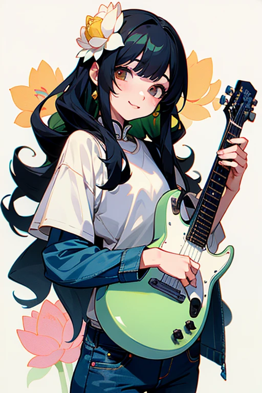  tone:  soft and warm color 、Plain background、 expression:  kind smile、 Hairstyle:  medium to long soft curls 、 accessories: lotus flower hair ornament、 clothing:  denim jeans、Small items:  holding an electric guitar 、 Hire a face : 正面Hire a face 、composition: 全身が描かれたバランスの良いcomposition、bust up、 black hair