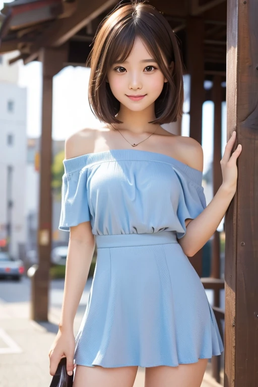 idol, One girl, Japanese, Middle school students, Elementary school student, prety, Sparkling eyes, No body hair, Thin legs, Attention to detail, Highest quality, High resolution, bobbed hair, short bob, ponytail, Middle school students, Elementary school student, 10years old, 9years old, 8years old, upper body, close up of face, smile, see through, upskirt, panties, mini skirt, off shoulder dress, Anatomically correct, Textured skin, high quality, high quality, high details, best quality, highres, super detail, accurate, high details, best quality, highres, super detail, accurate, high quality