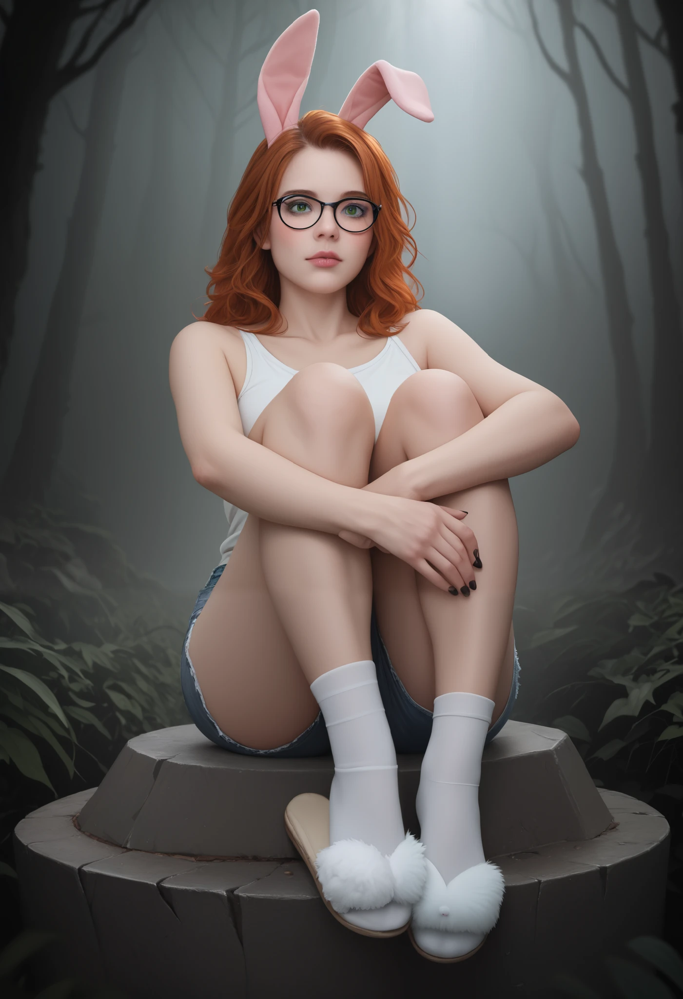 Main character photo, dynamic composition, bottom view angle, rule of thirds. Dark souls realistic photo. Close up of cute girl, pale skin girl, petite short, skinny girl, wavy orange hair, long-length hair, cute skin. Flustered, blush, sitting, hugging own legs. Playful face expression, horny, green eyes, one eyebrow up, looking from above. One leg on another. Black nails on hands. Dynamic position. Cute blushing cheeks. Oversized round black glasses. Black thin chocker. 20 years old cute girl. Mascara, detailed lips. Detailed face. White tank top. Clear top. Denim shorts, slightly torn shorts. Detailed slim legs. White socks. Thin toe socks. Pink fur slippers, bunny slippers. Sitting on big mossy dark souls tombstone. Plants. Vegetation under her legs. Cracked tombstone. Legs crossed. One feet up. Sole. Hands crossed. Detailed face. Dark souls setting background. Ruins in forest. Detailed face. Foggy forest, dim light, mossy ruins, mist. Grim atmosphere, gothic colours, shocking atmosphere, photorealistic details, chiaroscuro, sensual and dramatic lighting. Moody, intricate details, masterpiece, ultra detailed, high quality, 8k, best quality, realistic shadows, sharp focus, cinematic, dark and brooding, expressionistic, powerful composition, emotional impact. Ultra realistic photo, logic anatomy, realistic skin, inspired by real life photos. Detailed fingers, detailed hands, detailed face.