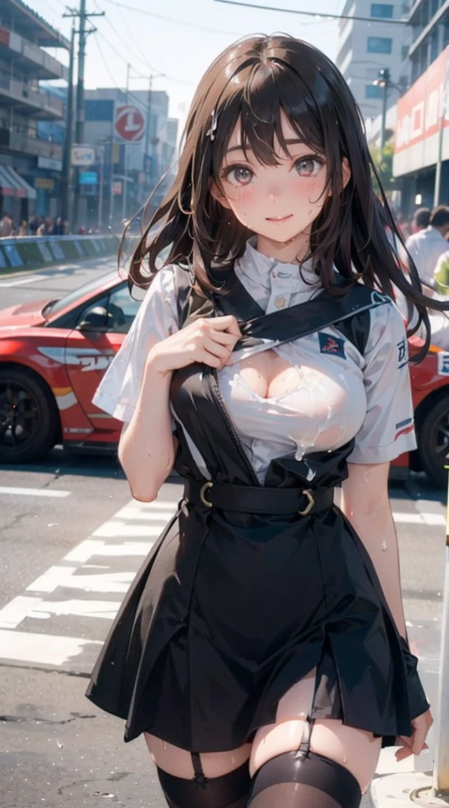 (Highest quality、High resolution、8K、masterpiece:1.2)。F1 キーCircuitでレースクイーンを撮影しているMr.子。Being photographed by a large audience。(Race spectators 20:I am obsessed with photographing the race queen with my smartphone and SLR camera in hand.。Otaku。News reporter。normal person)、(Race Queen 1:FerrariF40に腰掛ける。Heart Eyes。Pink heart symbols fly around the face.。Put your hand on your cheek。Sexy pose。Cleavage。Glossy skin。Illuminated by strong lighting。unique hair ornaments。Mr.々Hair ornaments。mini skirt。Original Character。garter belt。blush。Looking up。choker。Disheveled Hair。Smiling。hair band)Increase line width。Combining light and shadow。Background with depth。Circuit。 キー。racer。Motorsports。Ferrari。Scattered hearts。Depict the whole body。