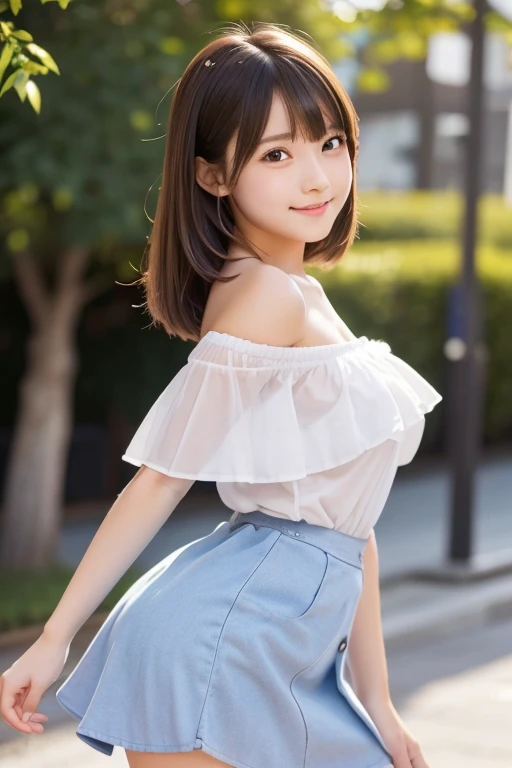 idol, One girl, Japanese, Middle school students, Elementary school student, prety, Sparkling eyes, No body hair, Thin legs, Attention to detail, Highest quality, High resolution, bobbed hair, short bob, ponytail, Middle school students, Elementary school student, 10years old, 9years old, 8years old, upper body, close up of face, smile, see through, upskirt, panties, mini skirt, off shoulder dress, Anatomically correct, Textured skin, high quality, high quality, high details, best quality, highres, super detail, accurate, high details, best quality, highres, super detail, accurate, high quality