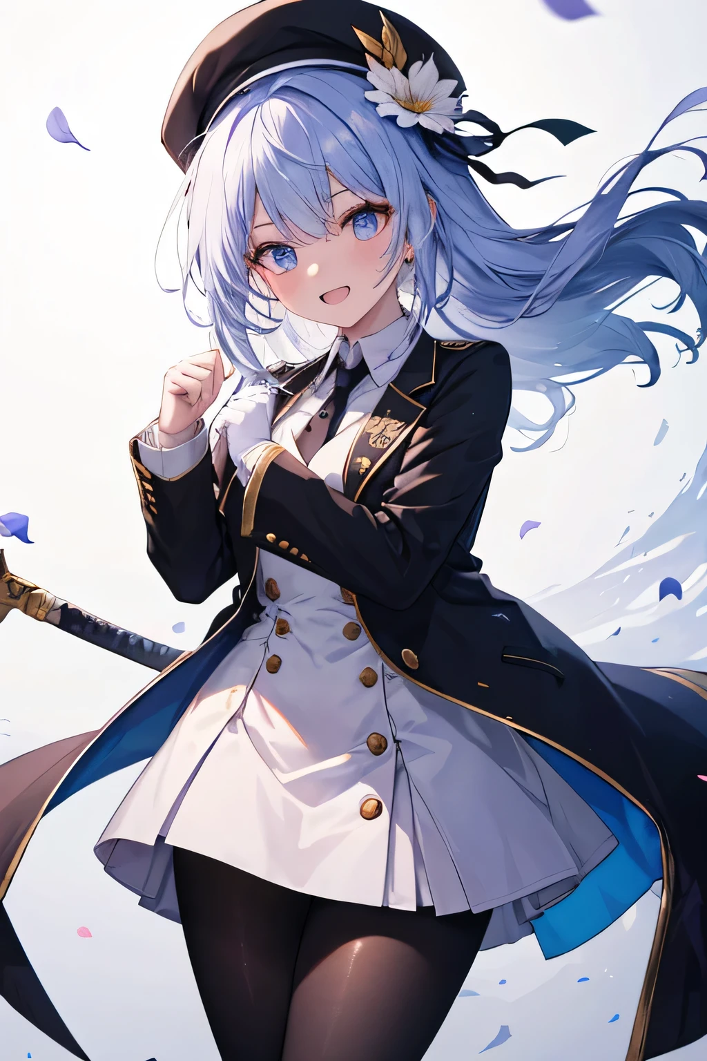 girl smiling, unsheathed his sword , ( showing teeth), standing, combat pose, mmorpg background , mmorpg background (A stranger), complete anatomy, graphic effects , ornament of an accessory shaped like a flower on his head , aura, primera persona, Black suit jacket, jacket with collar, White Dress Shirt, white gloves , Identification card on the neck, black pencil skirt, Rubo , socks, pantyhose(lottery), collared shirt , neckline, button, correa, white beret, tacos, height 167 cm ( 5 feet 6 inches ), hard fists , caste summoning circle skill Sword of Victory(Elsword ), Blue Fire Force +vapor, fire around, strong breeze , black and white cat mascot , sakura petals and leaves , Rubo r, watching the spectator, Charm, Pausa de toque ciego watching the spectator,