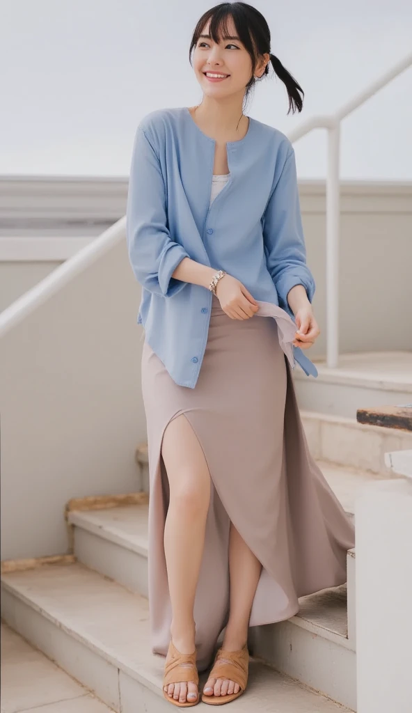  Composition showing the subject looking up from the bottom of the stairs、Descending an exterior staircase  、  open shirt  、The length of the skirt is inseam、 no underwear、 skirt rolling up due to strong wind 、  one girl 、Sandals、smile