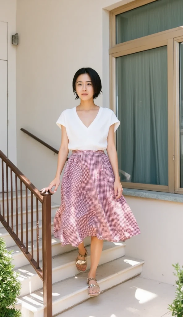  Composition showing the subject looking up from the bottom of the stairs、Descending an exterior staircase  、  open shirt  、The length of the skirt is inseam、 no underwear、 skirt rolling up due to strong wind 、  one girl 、Sandals、smile