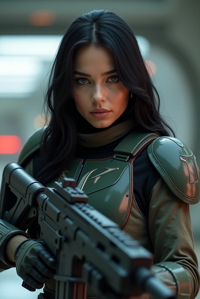 (masterpiece, beat quality, ultra-detailed:1.3), female stormtrooper, sitting in armory locker room, black pilot armor, black helmet on the floor, Full body, simple Character design