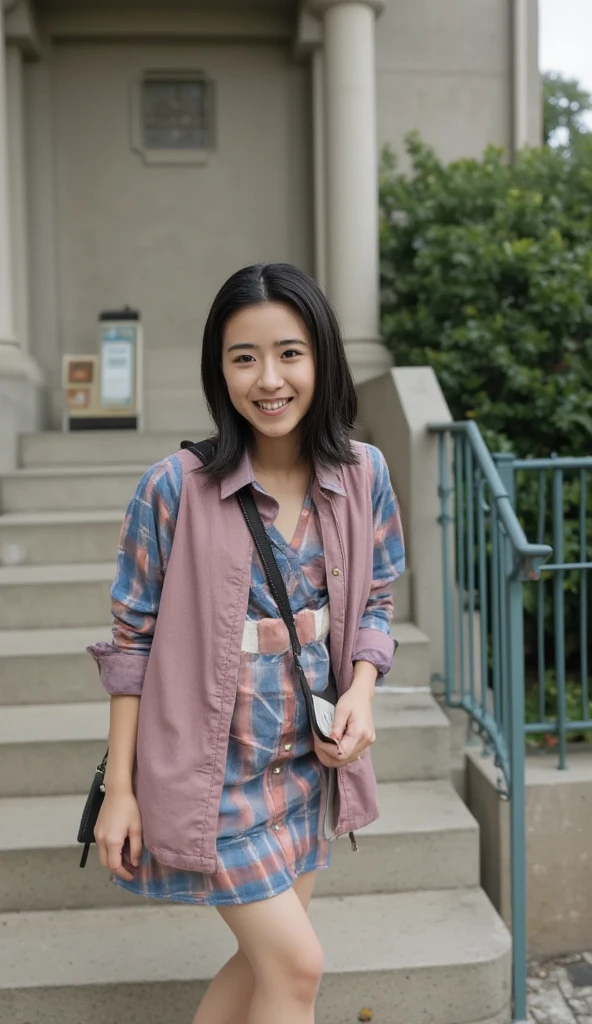  Composition showing the subject looking up from the bottom of the stairs、Descending an exterior staircase  、  open shirt  、The length of the skirt is inseam、 no underwear、 skirt rolling up due to strong wind 、  one girl 、Sandals、smile