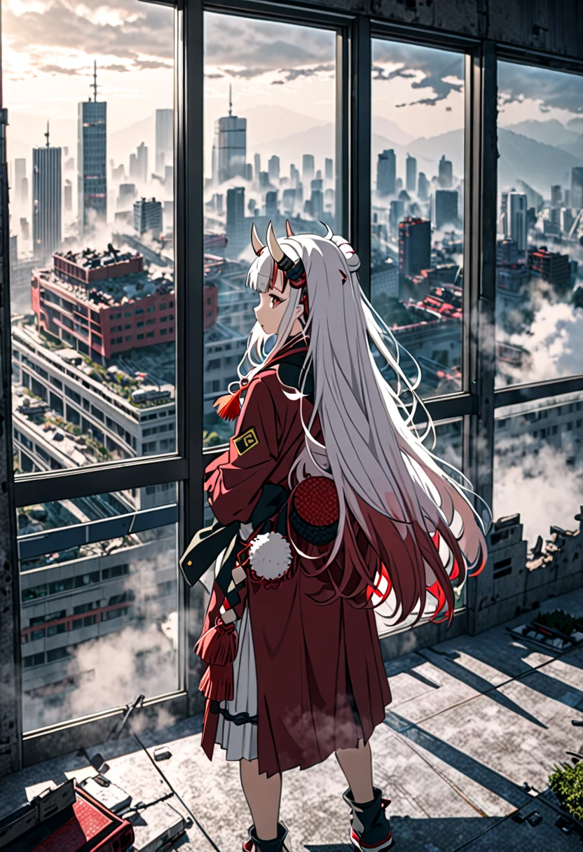 8K Ultra High-Quality, ultra-detailed, High quality, Nakiri ayame, white oni horns, long hair, side view, arms on the back, standing infront of window, modern bedroom, destroyed city background, fog background