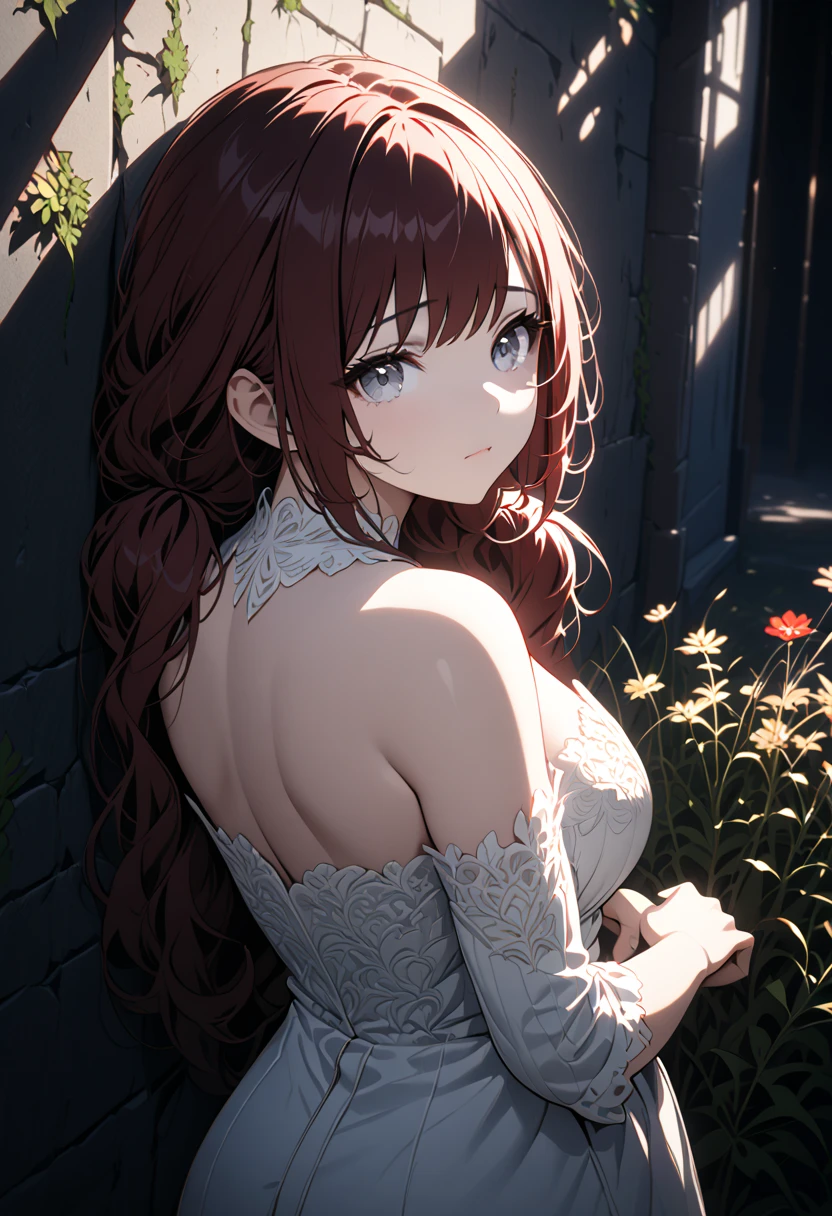 (masterpiece:1.2, Best Quality), (finely detailed beautiful eye: 1.2), (beautiful detailed face), High contrast, (Best Illumination, extremely delicate and beautiful), ((Cinematic Light)), Highest Quality, masterpiece, light particles,girl grab expressionless young woman from behind, swept bangs, dark red hair, low twin tails, gray eyes, white strapless shirt with white trim, jeans, black combat boots, weeds, colorful flowers,mossy stone wall, 