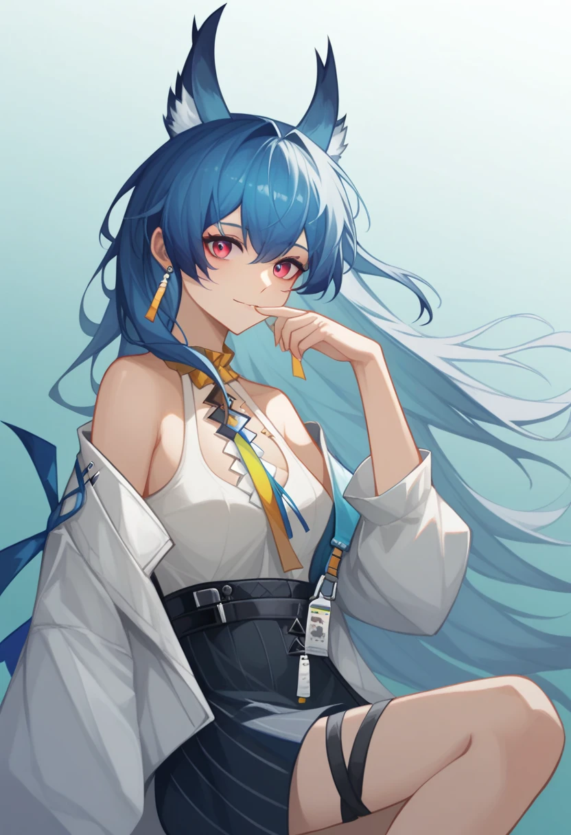 Fraction_9,Fraction_8_up,Fraction_7_up,1girl, Finn _\( tomorrow's ark \), 独自of, from_side, Gray blue_hair, Blue Gray_hair, 小of_breast,  high resolution, 仅有of_leg, 仅有of_Shoulders, black_coexist, closure_mgo outh, girl, foot_go out_of_[frame, Gradient_background, invisible_chair, knee_up, Check_exist_Check者, Check_right_this_side, off_Shoulder, Open_coexist, ear, 蓝色of_Eye, 短of_skirt, 简单of_background, 白色of_background, 白色of_skirt