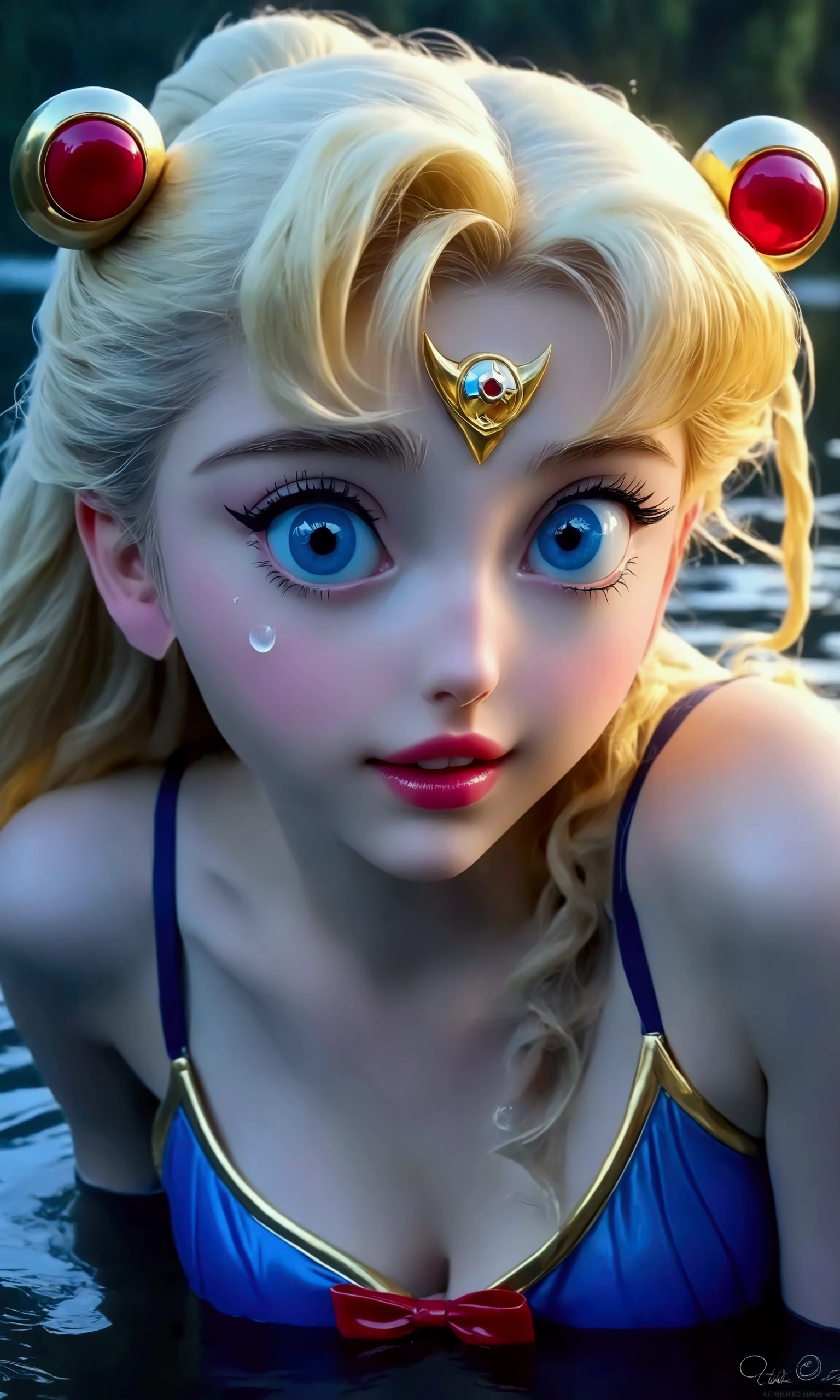 Sailor Moon (magical swim suit, cute, wet long blonde hair, huge blue eyes, wet) emerges from a tranquil lake on a moonlit night, she is reflected in the water (double check anatomy)
