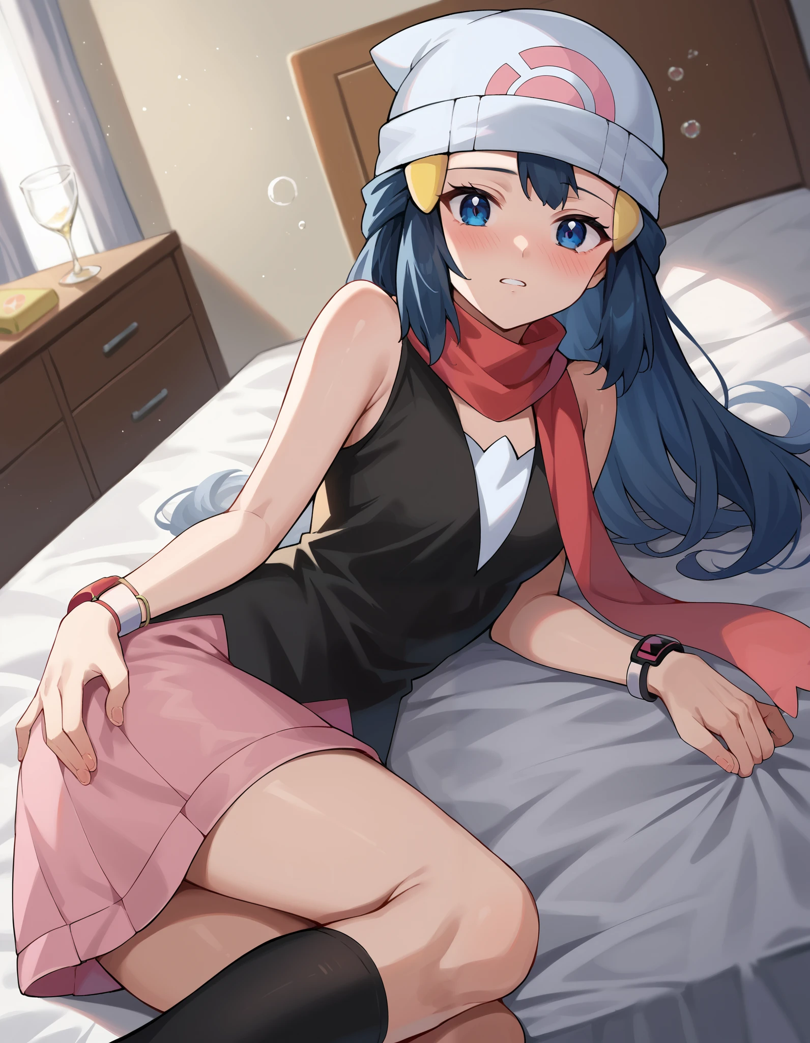 score_9, score_8_up, score_7_up, source_anime,
pokemondawn, pokemon dawn, black hair, blue eyes, sidelocks, long hair,
bare shoulders, beanie, black shirt, black socks, bracelet, hat, jewelry, kneehighs, miniskirt, pink skirt, red scarf, scarf, shirt, skirt, sleeveless, sleeveless shirt, white headwear,
indoors, bed, bed room, on side, blush, drunk,
looking at viewer, cowboy shot, dutch angle, NSFW,