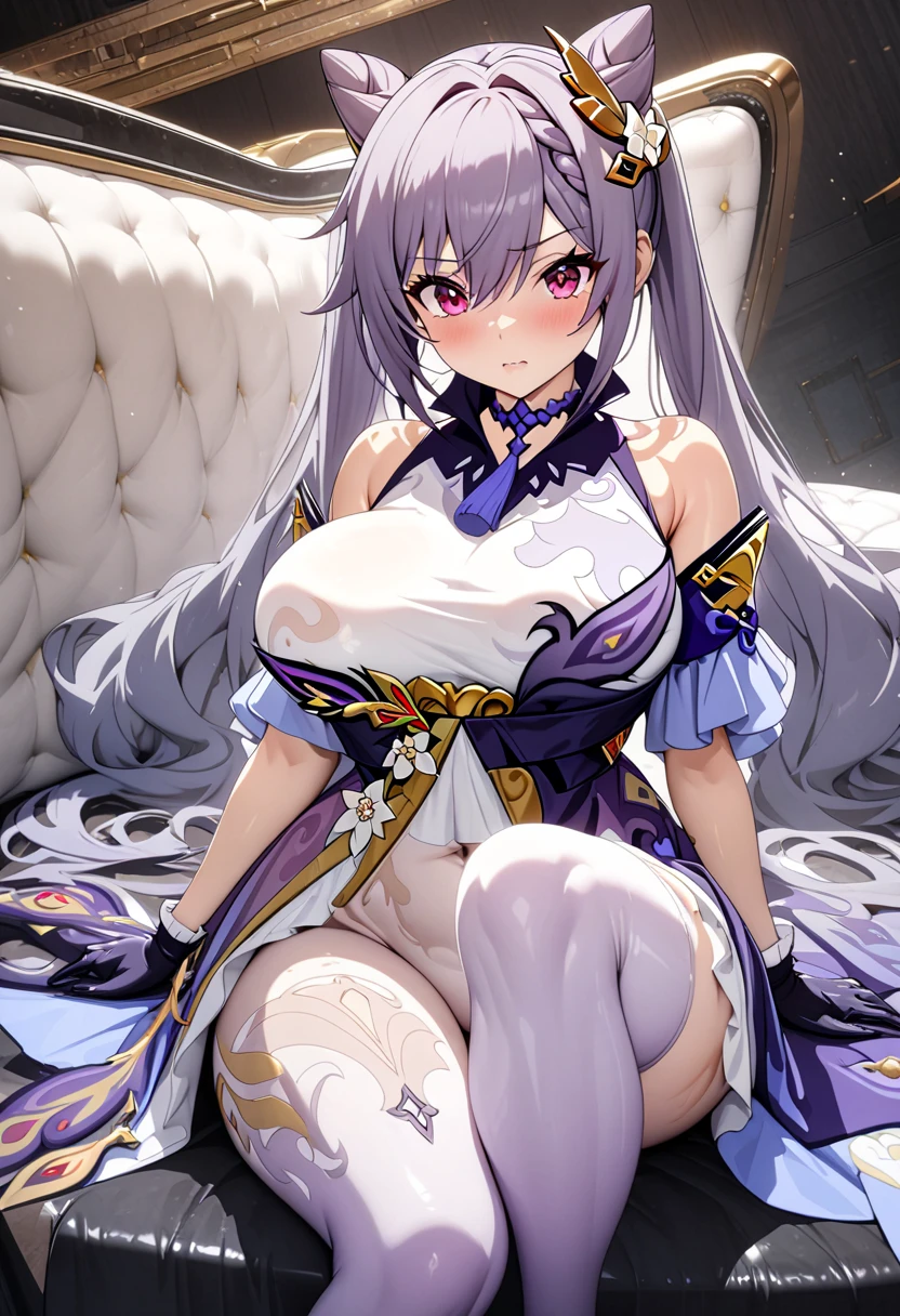 Lezero emilia, emilia, Braid, Crown Braid, flower, ヘアflower, hair ornaments, ヘアribbon, long hair, pointed ears, (purple eyes:1.2), gray hair, X hair ornaments,
Break Detach Color, removed sleeve, frills袖, frills, long sleeve, ミニskirt, プリーツskirt, ribbon, skirt, thighs thighs thighs, 白いskirt, white sleeves, white thighs, wide sleeve, zettai ryouiki,

 break (muste piece:1.2), highest quality, High resolution, unity 8k wallpaper, (illustration:0.8), (detailed and beautiful eyes:1.6), highly detailed face, perfect lighting, Highly detailed CG, (perfect hands, perfect anatomy),standing、bad fall, 1 girl, alone, genital tattoo,remake、Lipstick、eyeliner / Mascara Eyeshadow bad fall、Bad Woman、bad looking、empty eyes、psychopath、Eyes pink、grin、smile, light smile,knife、Low - Angle、long legs、long toes、Transparent pupils are moderately large))full body image、high heels、Accentuated legs、（high heelsを履いている、white thighs、white knee highs）、Spooky, , worm, ,tentacle, flesh-colored,Muchimuchi、マイクロミニskirt、black panties、D, A chest that is about to burst, cleavage,、too long、9 life-size models、（（（（squat.legs open））））（breast milk）【Self snap】（（（arm behind head）））、（（（spread your legs, double piece）））