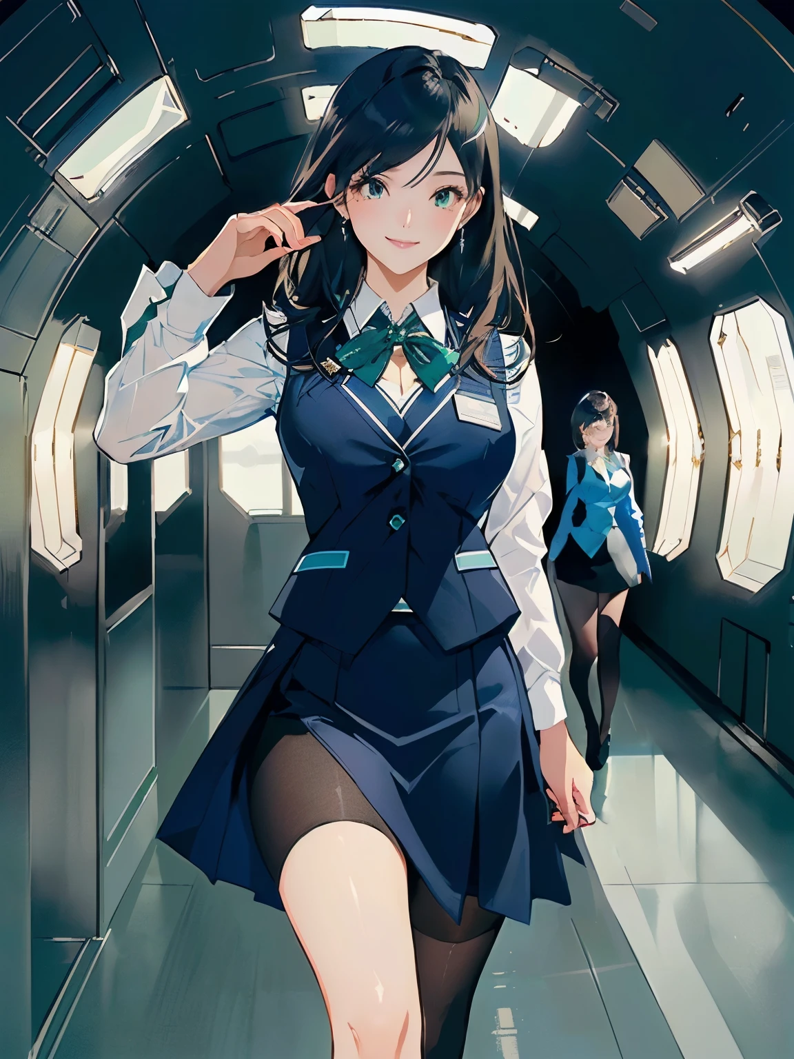 Top quality, 8K, masterpiece, ultra-detailed, photoreal, ((walking on spaceship corridor)), stars from space ship window, green indicator, blue indicator, there is a female conductor in a dark blue vest on white business shirt and dark blue tight skirt and black tights, style artgerm, office clothes, extremely detailed artgerm, well - dressed, sakimichan, business attire, fully clothed. painting of sexy, highly detailed exquisite fanart, ig model | artgerm, beautiful alluring anime woman, trending on cgstation, smiling intimately, looking at viewer, high resolution, 