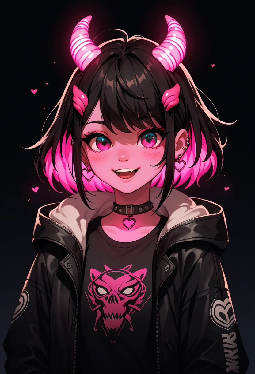 score_9, score_8_up, score_7_up, score_6_up, score_5_up, score_4_up, cute anime, girl character, neon lights, neon colors, black dark background, black clothing with vibrant neon glowing details, character design, character, oc, harajuku, monster alien, colors, 