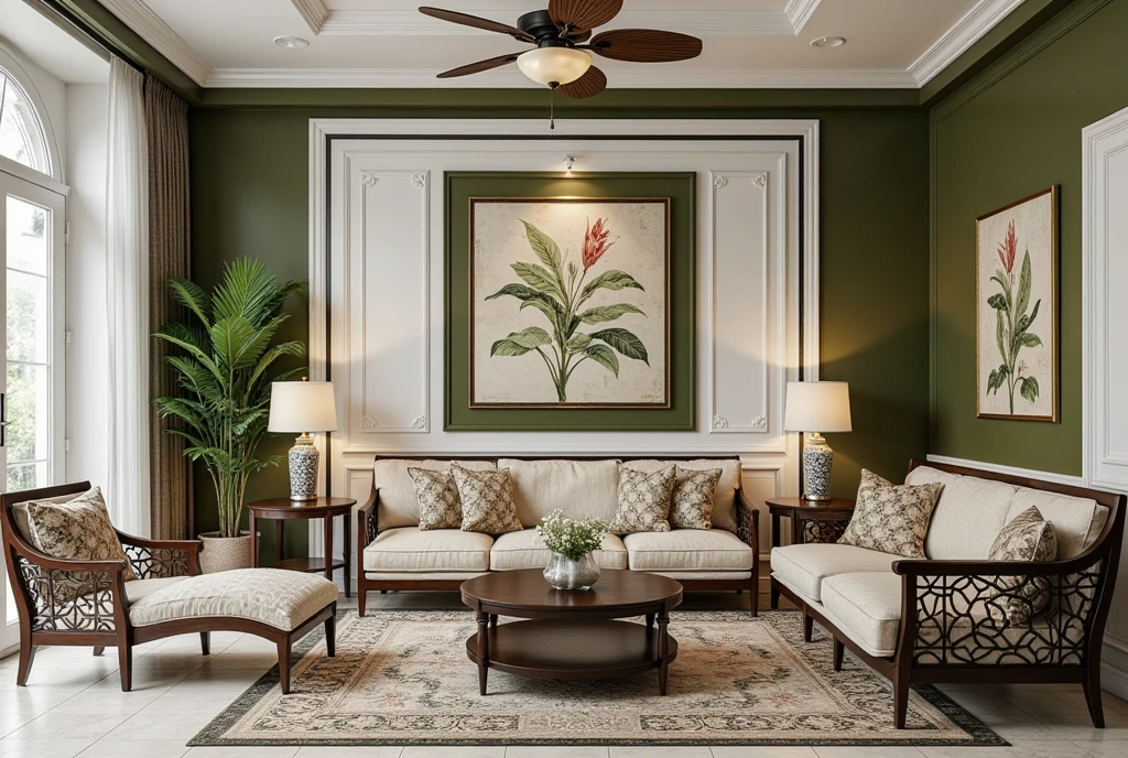 This image is a photorealistic 3D rendering of a sophisticated interior, likely a lounge or waiting area, designed with a blend of Indochine (French Colonial in Southeast Asia) and Art Deco influences. The space is characterized by elegant furniture, rich colors, and intricate details.  Here's a breakdown:

* **Indochine Influence:** The tropical ceiling fan, the use of dark wood furniture, the botanical artwork, and the overall ambiance evoke the Indochine style, popular during the French colonial period in Southeast Asia. This style often blends local materials and craftsmanship with European design principles.

* **Art Deco Touches:** The geometric patterns in the wall paneling, the streamlined furniture shapes, and the symmetrical layout hint at Art Deco influences.  The bold contrast between the light and dark elements also aligns with Art Deco aesthetics.

* **Color Palette:**  The room features a rich color palette with olive green walls, white and black trim, and cream-colored upholstery.  This creates a sense of sophistication and warmth.

* **Wall Paneling and Molding:** Intricate wall paneling and molding, combining vertical stripes and geometric shapes, add depth and visual interest. The contrast between the white paneling and the olive green walls is a striking design feature.

* **Furniture:** The furniture pieces are elegant and well-chosen.  A long sofa with patterned cushions and bolsters is the centerpiece of the room.  A matching chaise lounge, armchairs, and side tables complete the seating area.  The dark wood and cream upholstery contribute to the overall luxurious feel.

* **Decorative Elements:**  A large botanical artwork, table lamps with patterned bases, a potted palm, and a small vase of flowers add decorative touches and enhance the room's ambiance. A small side table with a decorative object is also visible.

* **Ceiling and Flooring:** The white ceiling features decorative molding and recessed lighting, complementing the wall paneling.