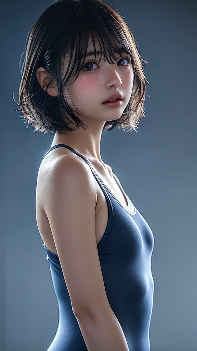 (((sfw:1.5))),((from side:1.5)),((look at viewer)),((upperbody:1.5)) a photo of a korean Asian teenager,((beautiful cute idol girl:1.5)), plutinum blonde hair,10yo,narrow eyes:1.5,slim face,slim neck,((thinbody)),((rasping):1.5),((frat chest:1.5)),((clavicle)),((Narrow eyes:1.5))、(Thin arms)、(Thin neck)、(Thin lips)、littleSmile、slimarms,(Navyblue onepiece schoolswimsuit:1.5)