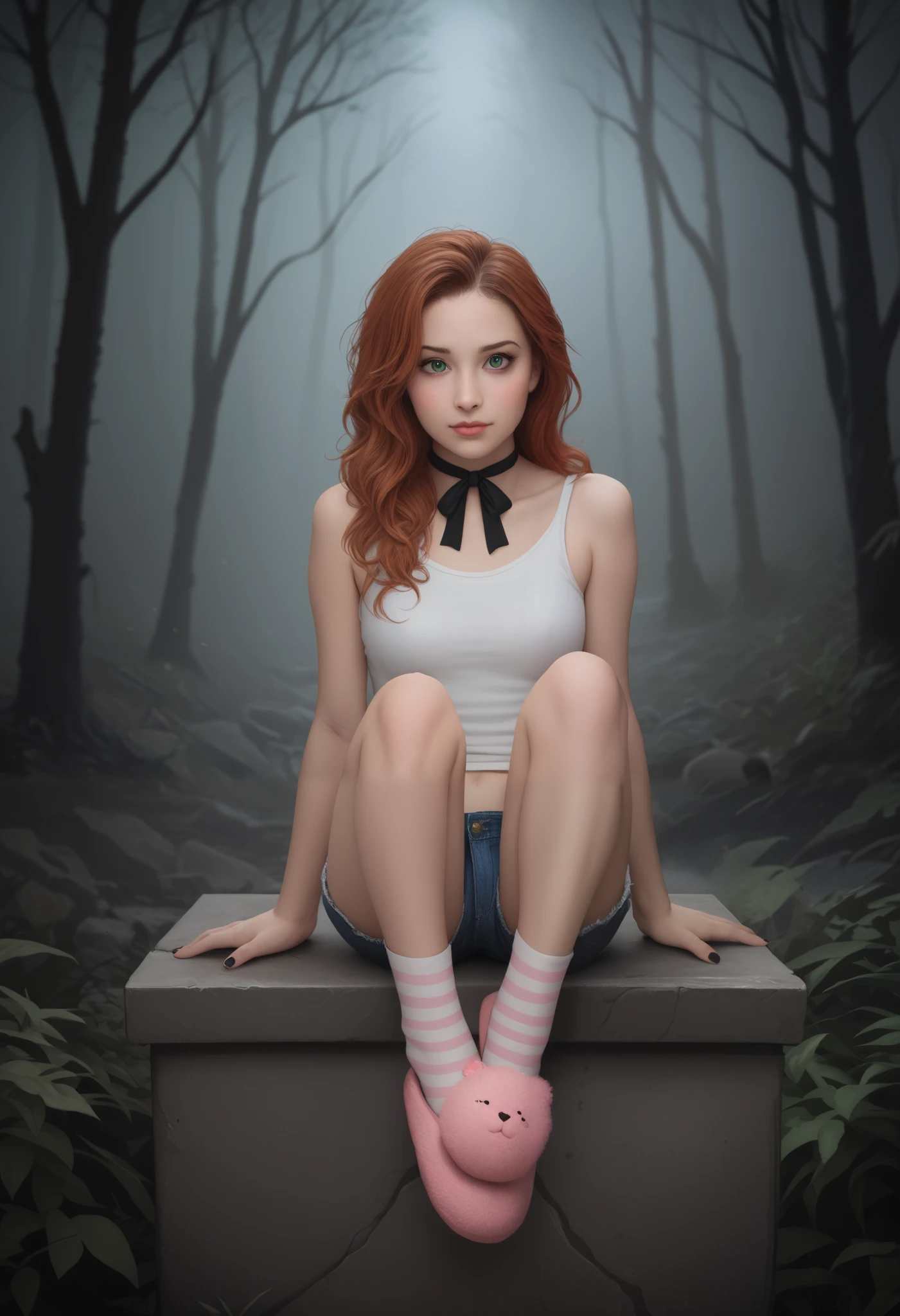 Close up of cute girl, pale skin girl, petite short, skinny girl, wavy orange hair, long-length hair, soft skin. Flustered, blush, sitting. Playful face expression, horny, green eyes, one eyebrow up, looking from above. One leg on another. Black nails on hands. Dynamic position. Cute blushing cheeks. Black chocker. Black neck ribbon. 20 years old cute girl, detailed lips. Detailed face. White tank top. Clear top. Denim shorts, slightly torn shorts. Detailed slim legs. White and pink striped socks. Thin white and pink toe striped socks. Pink fur slippers, cute slippers. Sitting on big mossy dark souls tombstone. Plants. Vegetation under her legs. Cracked tombstone. Legs crossed. One feet up. Sole. Hands crossed. Detailed face. Dark souls setting background. Ruins in forest. Detailed face. Foggy forest, dim light, mossy ruins, mist. Grim atmosphere, gothic colours, shocking atmosphere, photorealistic details, chiaroscuro, sensual and dramatic lighting. Moody, intricate details, masterpiece, ultra detailed, high quality, 8k, best quality, realistic shadows, sharp focus, cinematic, dark and brooding, expressionistic, powerful composition, emotional impact. Ultra realistic photo, logic anatomy, realistic skin, inspired by real life photos. Detailed fingers, detailed hands, detailed face.
