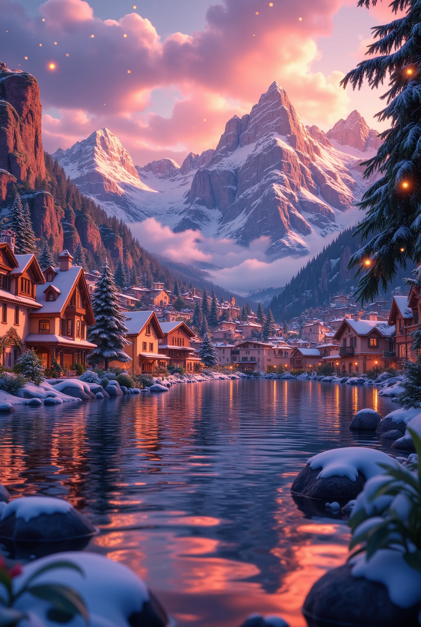 ((((masterpiece, Best Quality, High resolution)))), extremely detailed 8K, The sky sparkles, night, Little Fireflies little fly fly, Beautiful views, (Tranquil Lake:1.5), (Lake Geneva:1.3), The sky turns red with the sunrise,The mountain surface turns red in the morning glow,, night, A thick morning mist hangs over the lake, Lakeside village, cute pastel-colored houses, houses reflected in the calm surface of the lake, christmas decorations