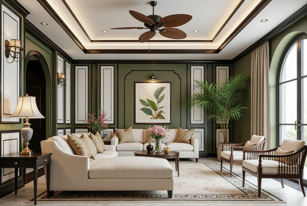 This image is a photorealistic 3D rendering of a sophisticated interior, likely a lounge or waiting area, designed with a blend of Indochine (French Colonial in Southeast Asia) and Art Deco influences. The space is characterized by elegant furniture, rich colors, and intricate details.  Here's a breakdown:

* **Indochine Influence:** The tropical ceiling fan, the use of dark wood furniture, the botanical artwork, and the overall ambiance evoke the Indochine style, popular during the French colonial period in Southeast Asia. This style often blends local materials and craftsmanship with European design principles.

* **Art Deco Touches:** The geometric patterns in the wall paneling, the streamlined furniture shapes, and the symmetrical layout hint at Art Deco influences.  The bold contrast between the light and dark elements also aligns with Art Deco aesthetics.

* **Color Palette:**  The room features a rich color palette with olive green walls, white and black trim, and cream-colored upholstery.  This creates a sense of sophistication and warmth.

* **Wall Paneling and Molding:** Intricate wall paneling and molding, combining vertical stripes and geometric shapes, add depth and visual interest. The contrast between the white paneling and the olive green walls is a striking design feature.

* **Furniture:** The furniture pieces are elegant and well-chosen.  A long sofa with patterned cushions and bolsters is the centerpiece of the room.  A matching chaise lounge, armchairs, and side tables complete the seating area.  The dark wood and cream upholstery contribute to the overall luxurious feel.

* **Decorative Elements:**  A large botanical artwork, table lamps with patterned bases, a potted palm, and a small vase of flowers add decorative touches and enhance the room's ambiance. A small side table with a decorative object is also visible.

* **Ceiling and Flooring:** The white ceiling features decorative molding and recessed lighting, complementing the wall paneling.