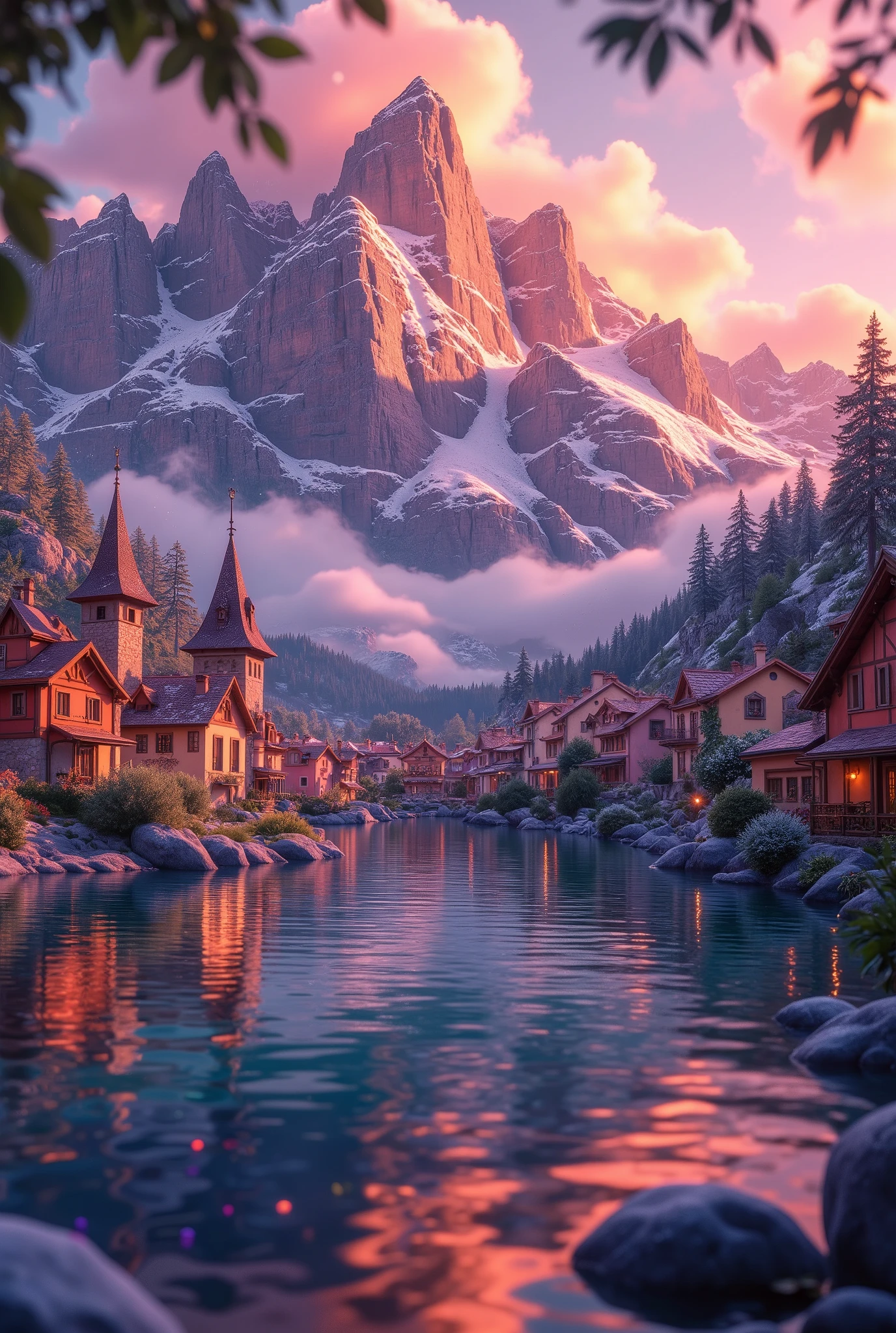 ((((masterpiece, Best Quality, High resolution)))), extremely detailed 8K, The sky sparkles, night, Little Fireflies little fly fly, Beautiful views, (Tranquil Lake:1.5), (Lake Geneva:1.3), The sky turns red with the sunrise,The mountain surface turns red in the morning glow,, night, A thick morning mist hangs over the lake, Lakeside village, cute pastel-colored houses, houses reflected in the calm surface of the lake, christmas decorations