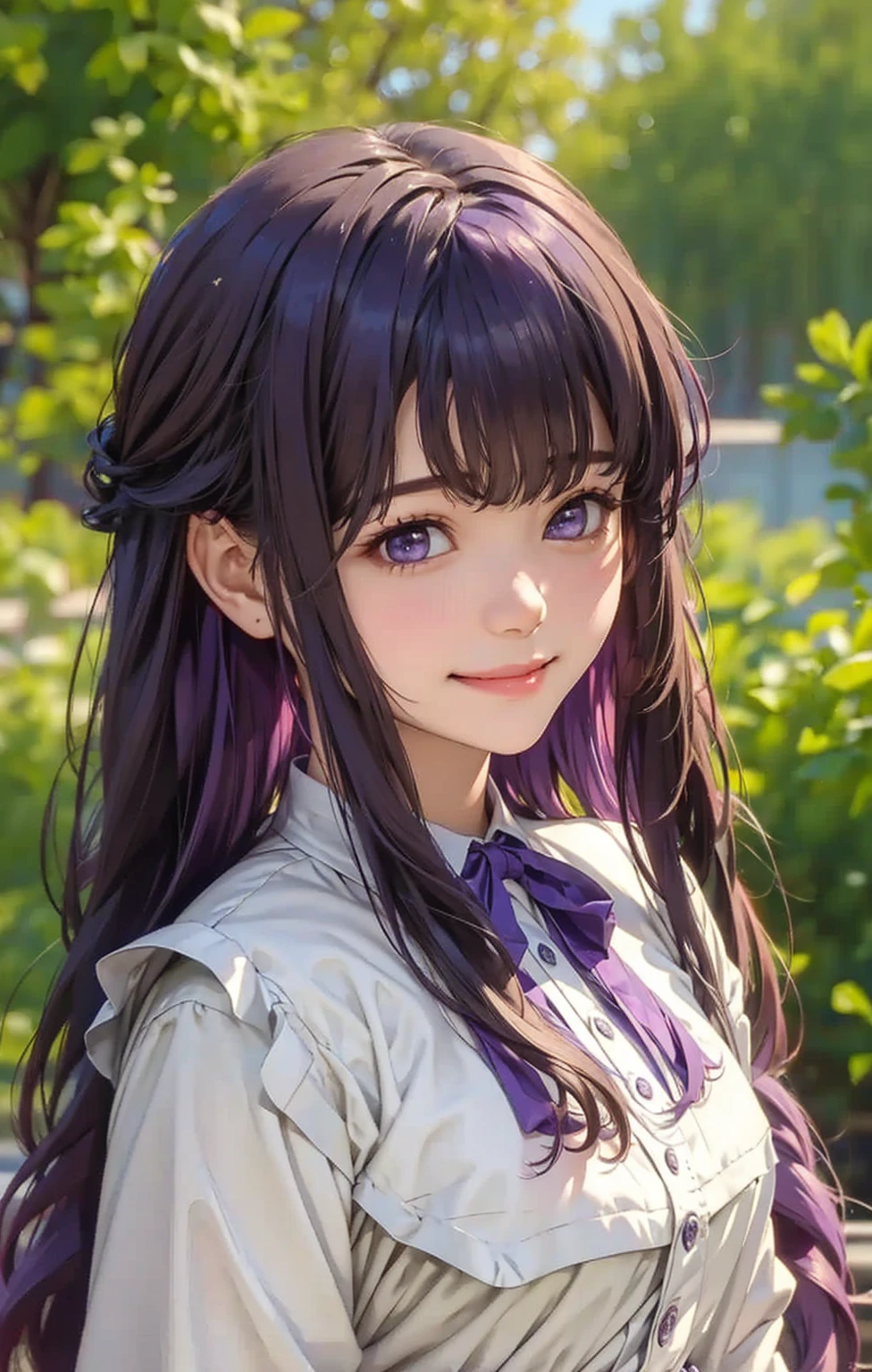  realistic , Otherwise, masterpiece,  High Quality ,  ultra detail、smile、Purple Hair、Even bangs