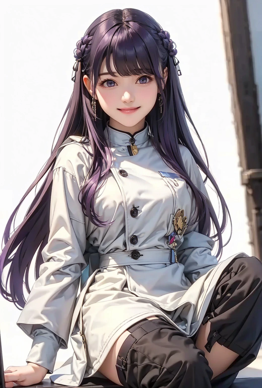  realistic , Otherwise, masterpiece,  High Quality ,  ultra detail、smile、 purple hair、Even bangs