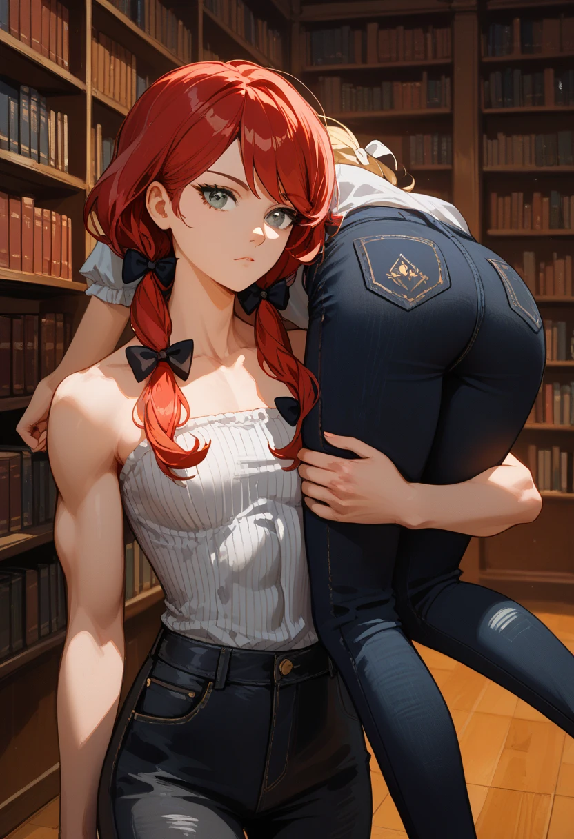  Girl with blonde hair and green eyes carrying expressionless young woman over shoulder, swept bangs, dark red hair, low twin tails, hair bows, gray eyes, strapless gray shirt with white trim, black jeans, library, small breasts, toned arms, Masterpiece with Detail,